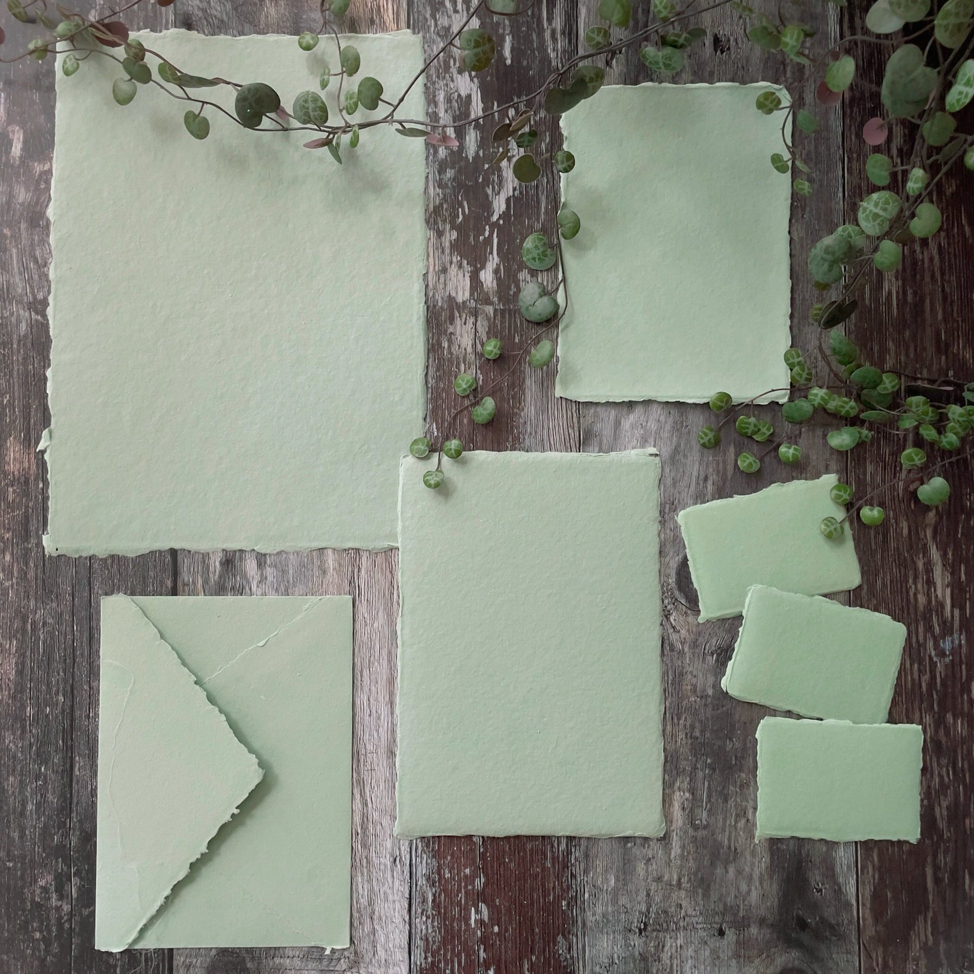 Superior quality recycled handmade paper, card and envelopes with a deckled edge.  Dusky green colour handmade cotton rag paper in various sizes.  By The Natural paper Company