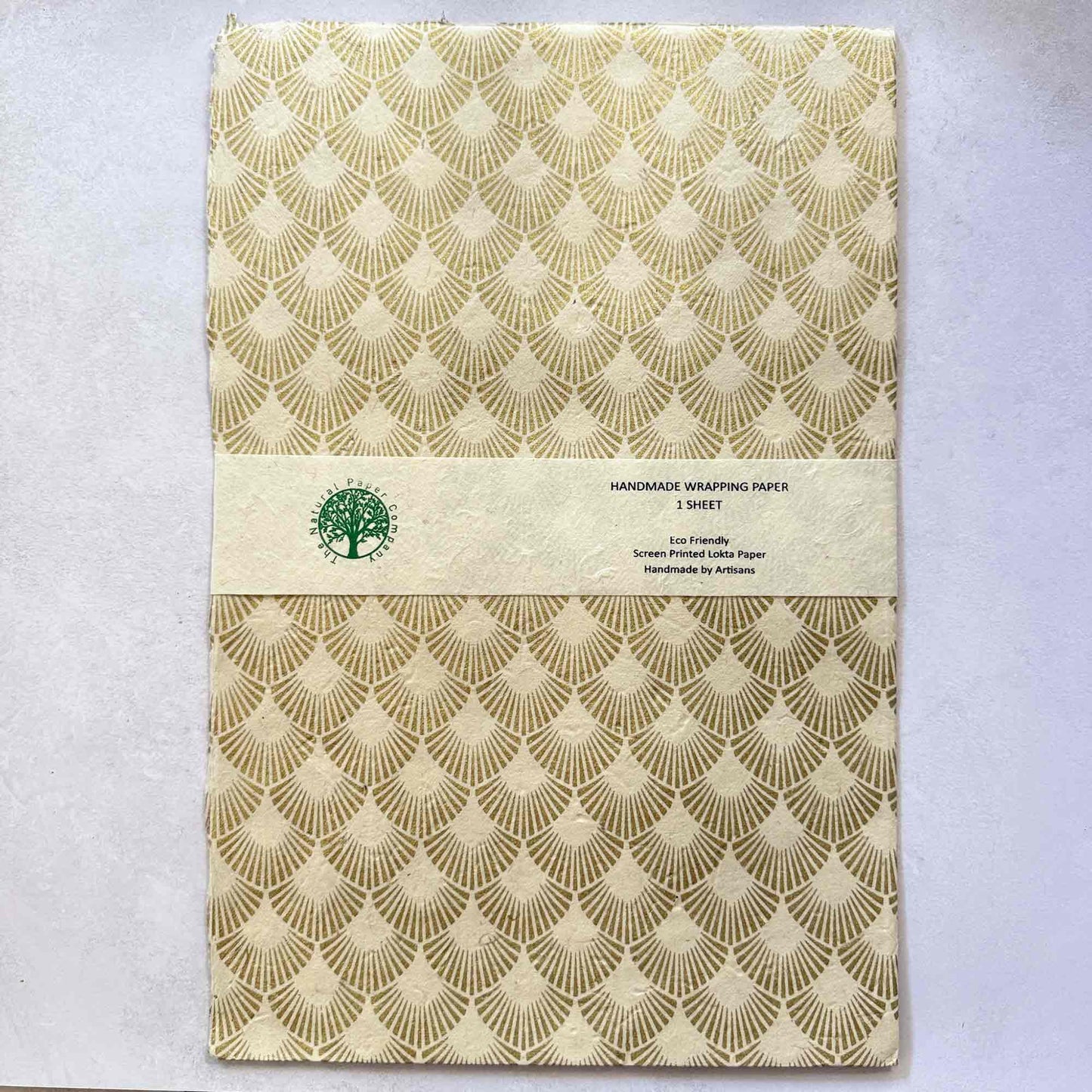 Natural Paper Company handmade Lokta wrapping paper sheet, eco-friendly screen printed sustainable gift wrap with an art deco style