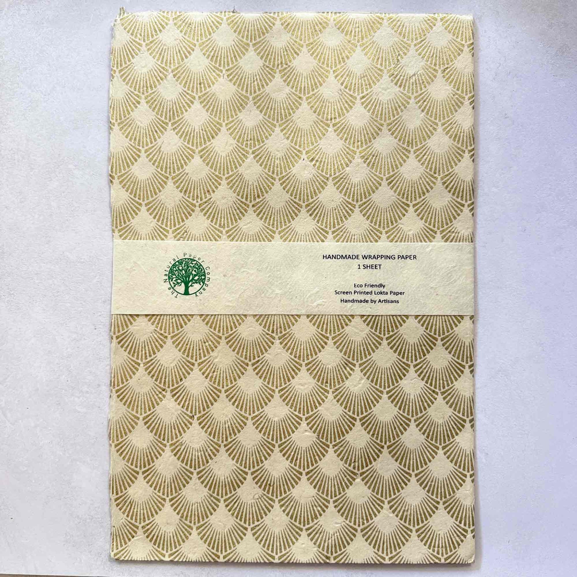 Natural Paper Company handmade Lokta wrapping paper sheet, eco-friendly screen printed sustainable gift wrap with an art deco style
