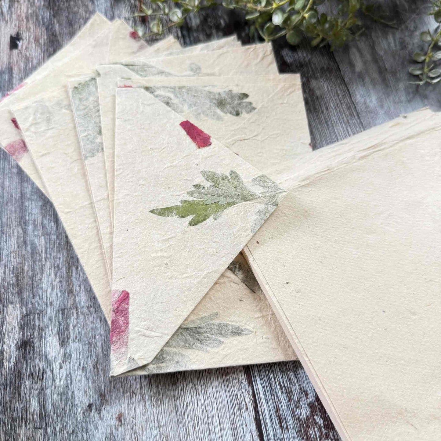 Close-up of Lokta paper envelopes and plain writing sheets, embedded with real mugwort leaves and bougainvillea petals, handmade textured paper