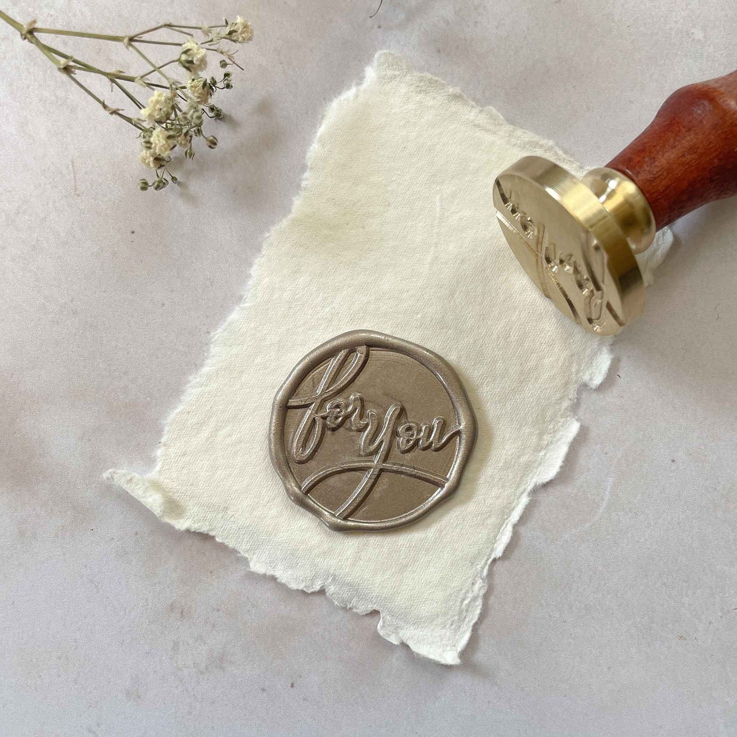 For You Envelope Seal.  A beautiful sealing wax stamp with calligraphy style design.  A perfect stamp to make personal seals for decorating envelopes, correspondence, gift wrapping and packaging.  By The Natural Paper Company