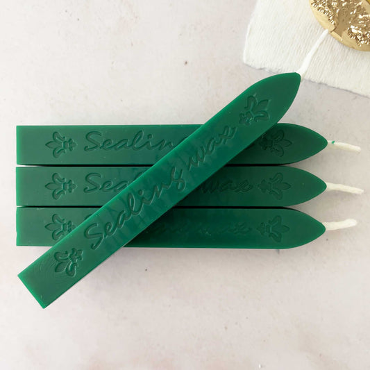 forest green sealing wax stick with wick.  Wax to melt for wax stamps and seals.  Pine green colour wax