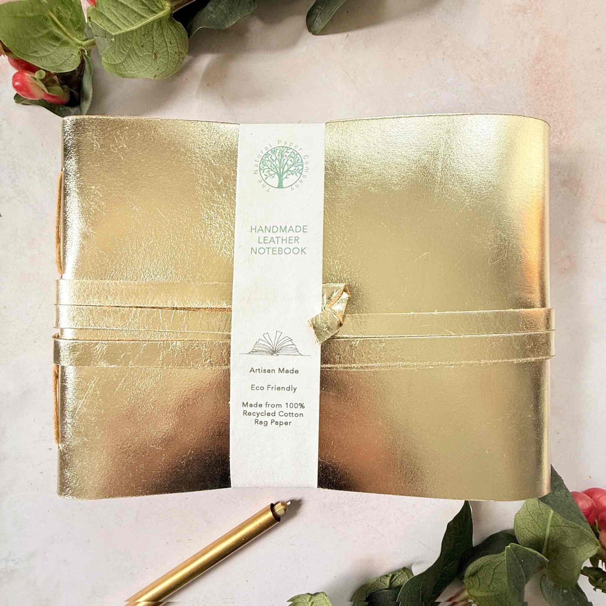 handmade leather journal note book in metallic gold