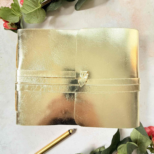 a5 landscape leather journal in metallic gold