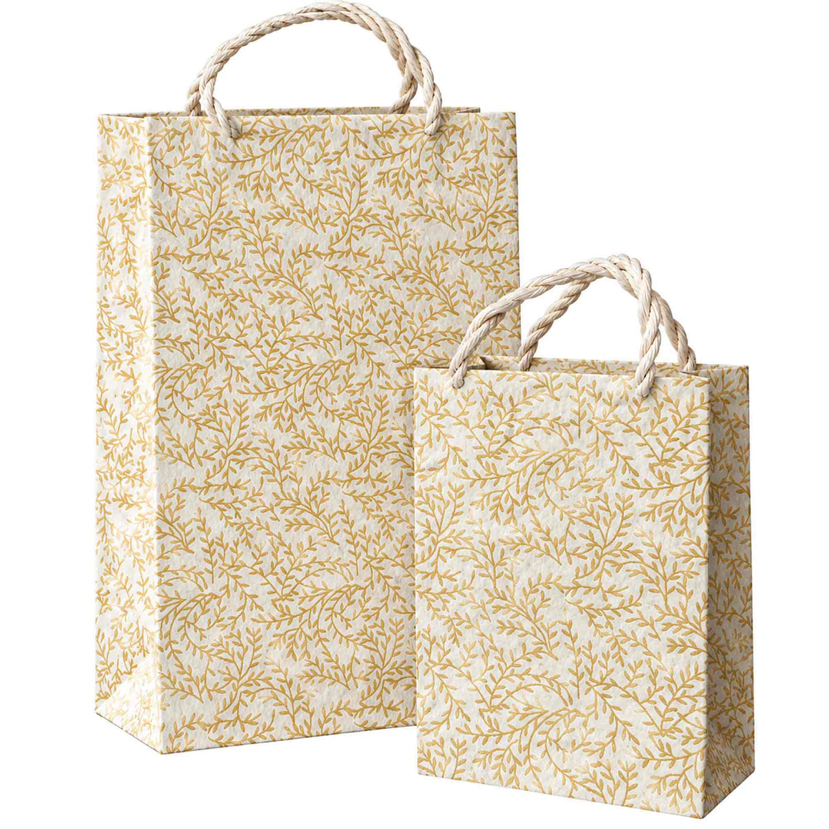 Golden Vine handmade Lokta paper gift bags in small and large sizes with delicate gold botanical leaf patterns.