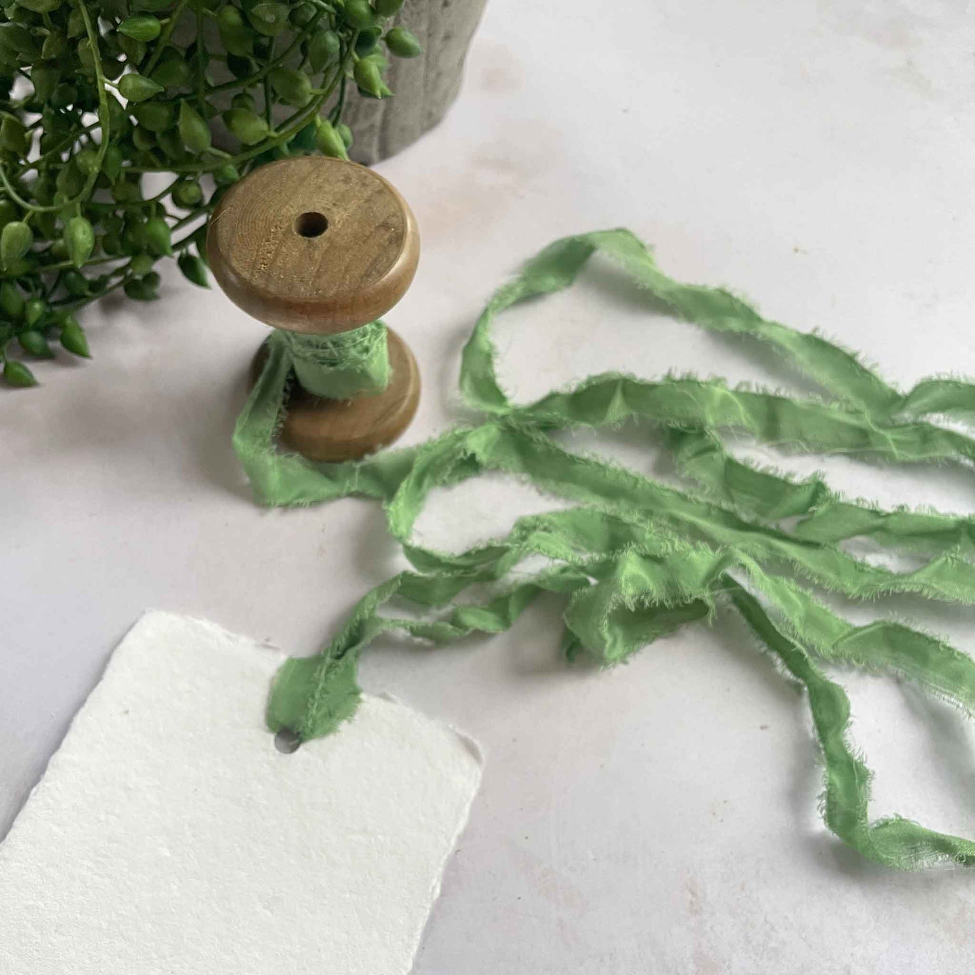 Green silk ribbon with a raw edge.  Decorative silk ribbon for crafts