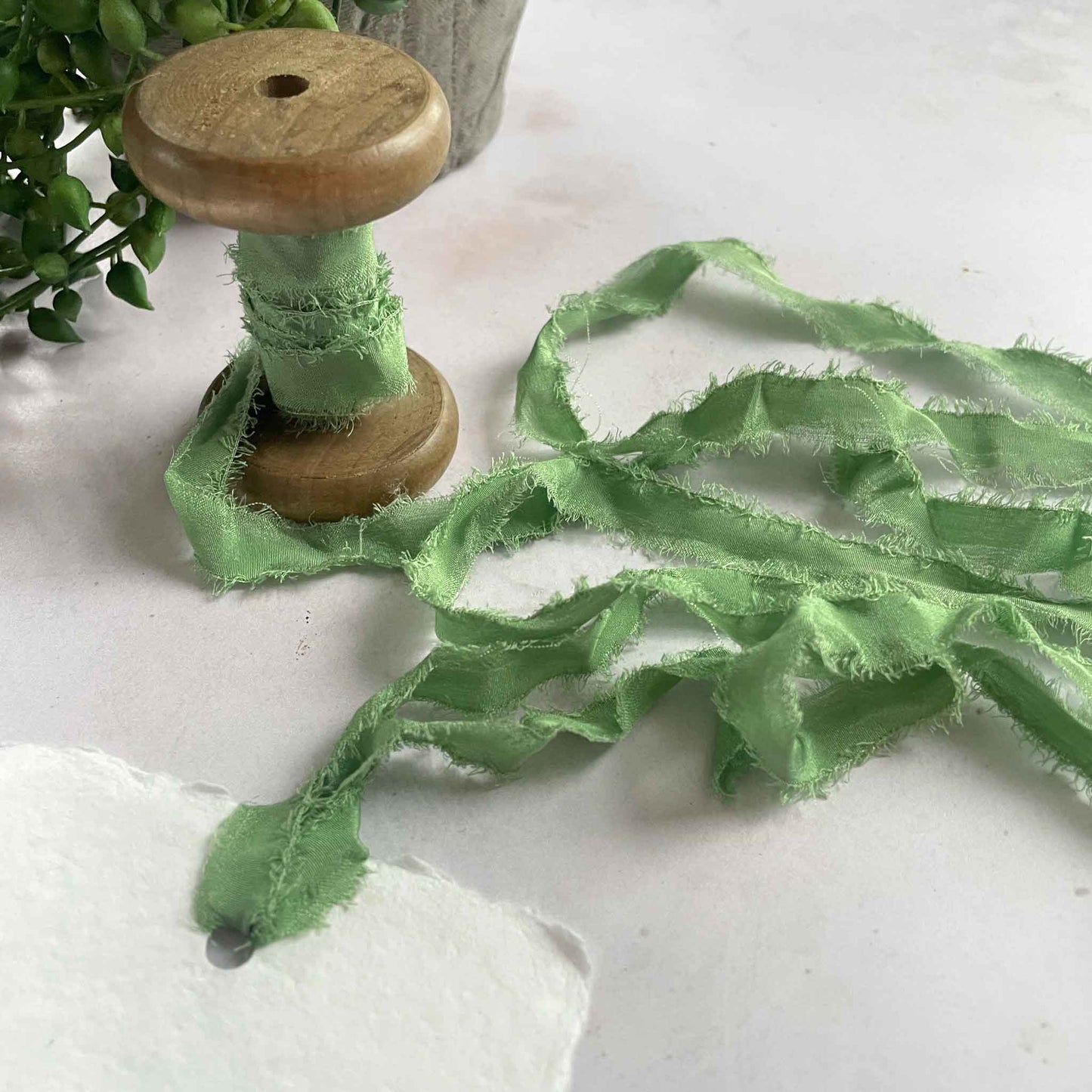 Green Silk Ribbon for crafts.  Narrow silk ribbon for place cards and tags