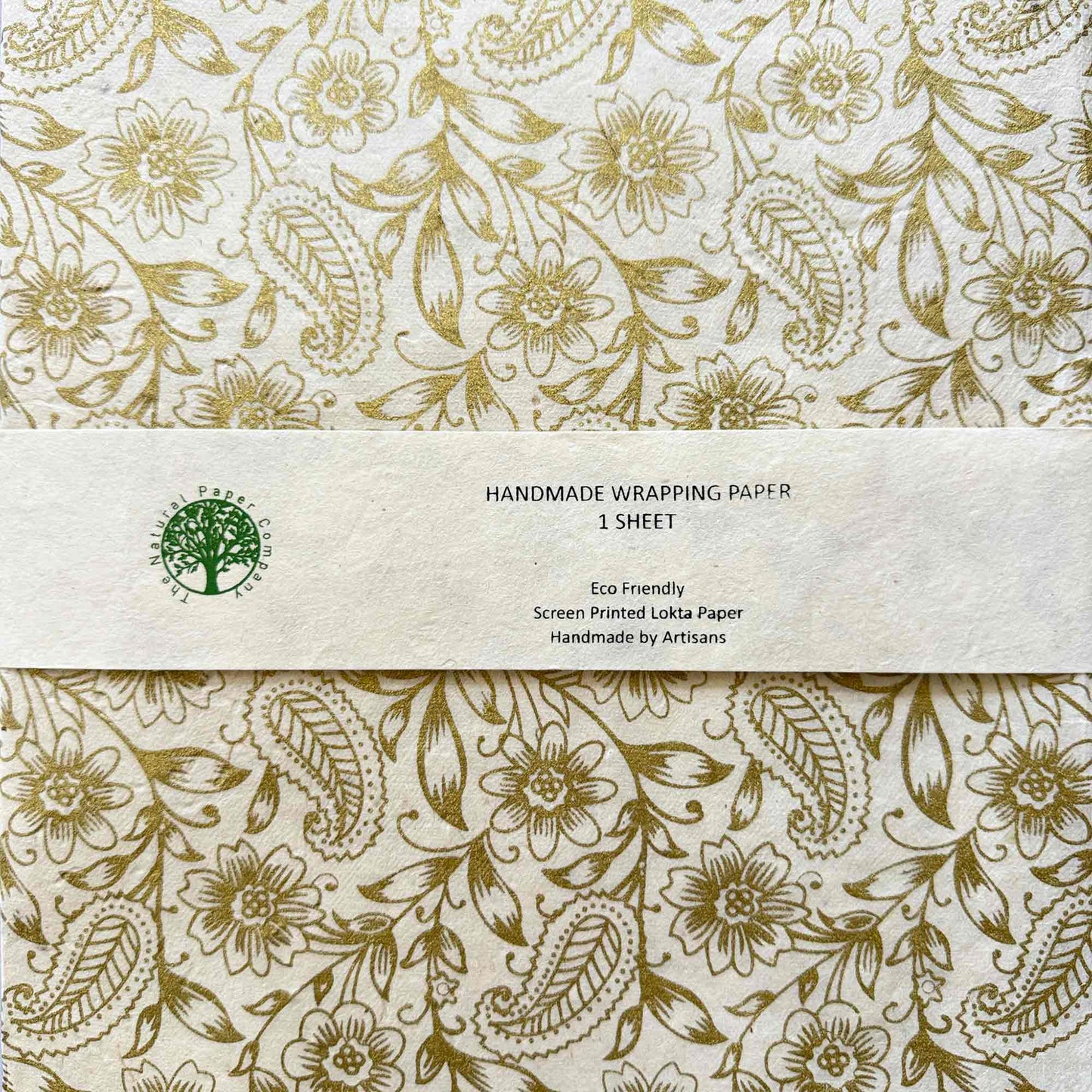 Eco-friendly handmade Lokta wrapping paper, gold floral paisley print, artisan screen printed
