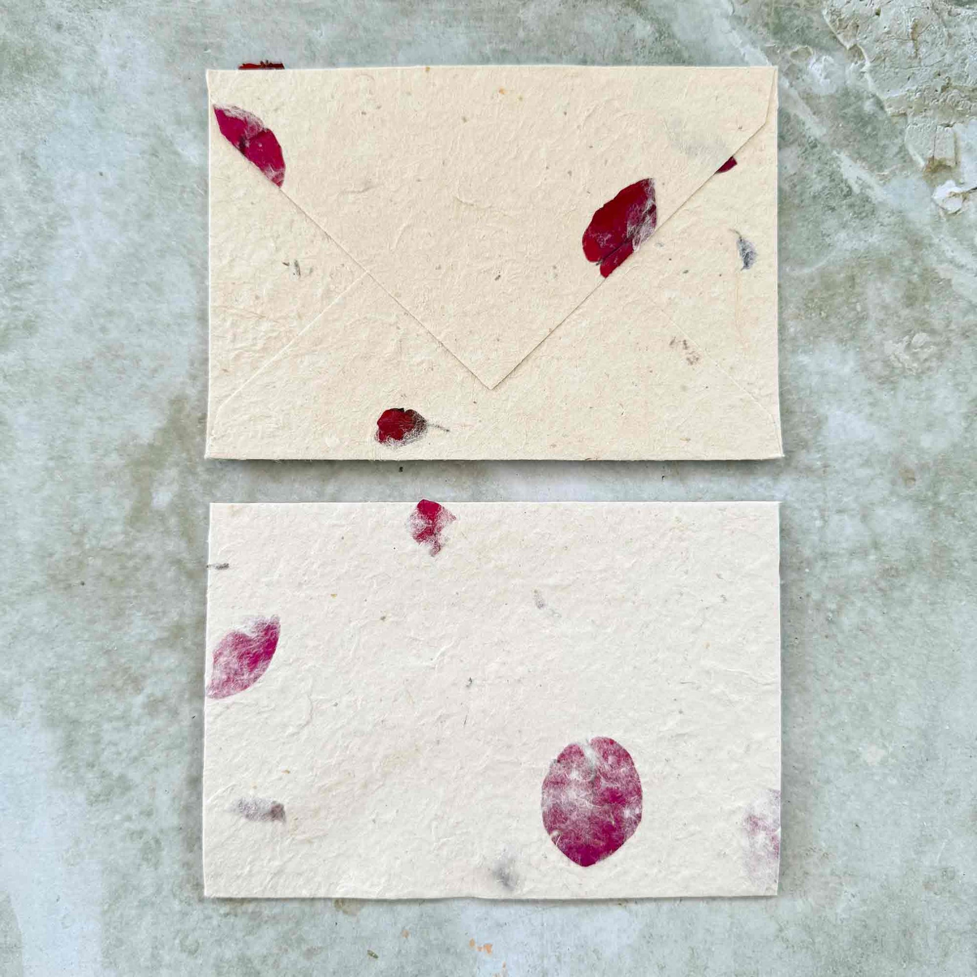 Flower paper envelope made from Lokta paper with bougainvillea petals.  C6 size handmade paper envelopes with flowers