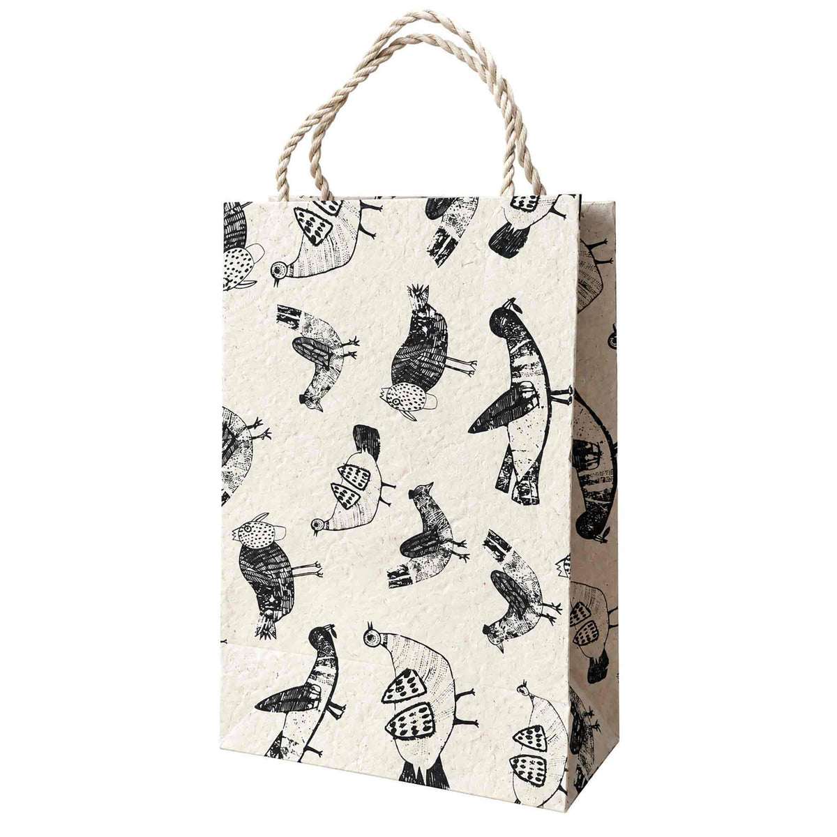 Large Henrietta handmade Lokta paper gift bag featuring black folk art chicken illustrations on natural ivory paper.