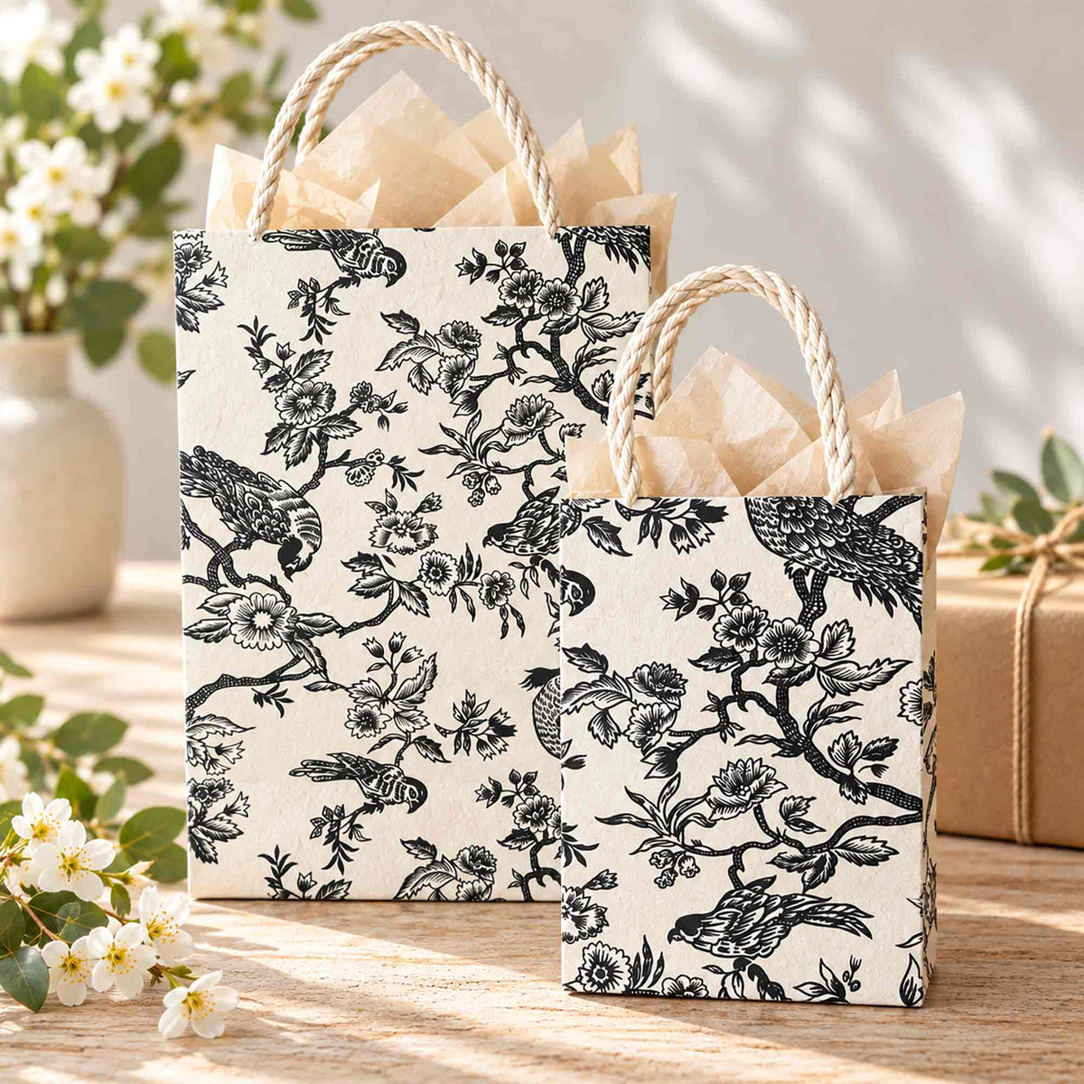 Large and small Bird Garden Lokta paper gift bags filled with tissue paper showing black and white botanical bird design