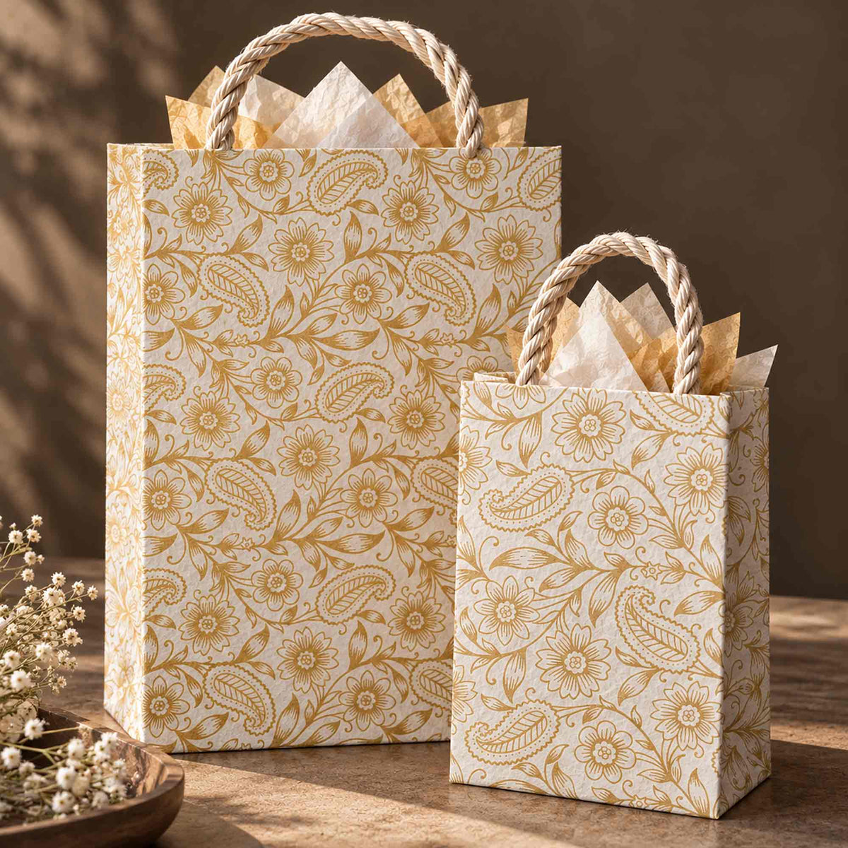Auralia handmade Lokta paper gift bags in large and small sizes with gold botanical designs and decorative tissue paper.