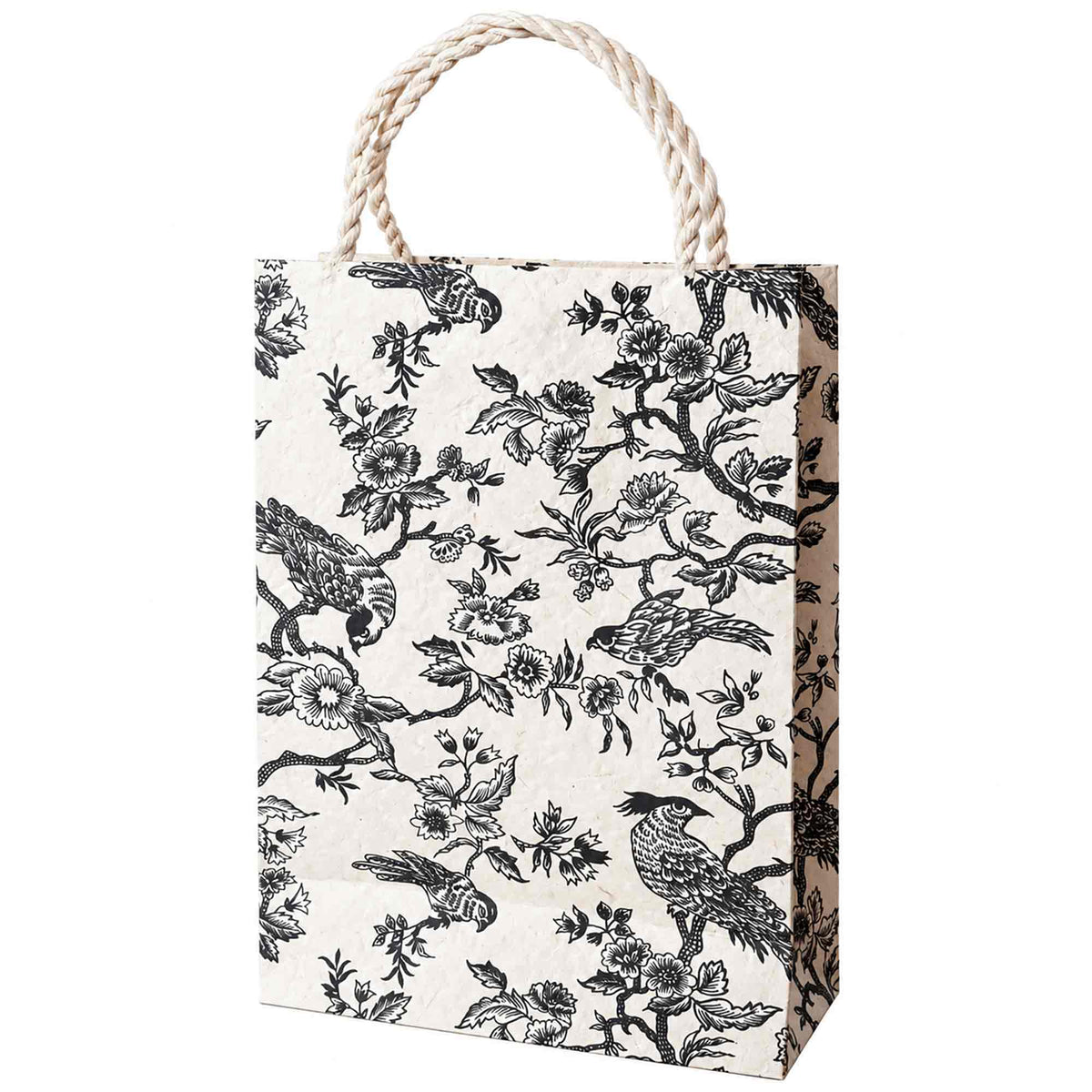 Large handmade Nepalese Lokta paper gift bag with black and white Bird Garden floral pattern and twisted rope handles