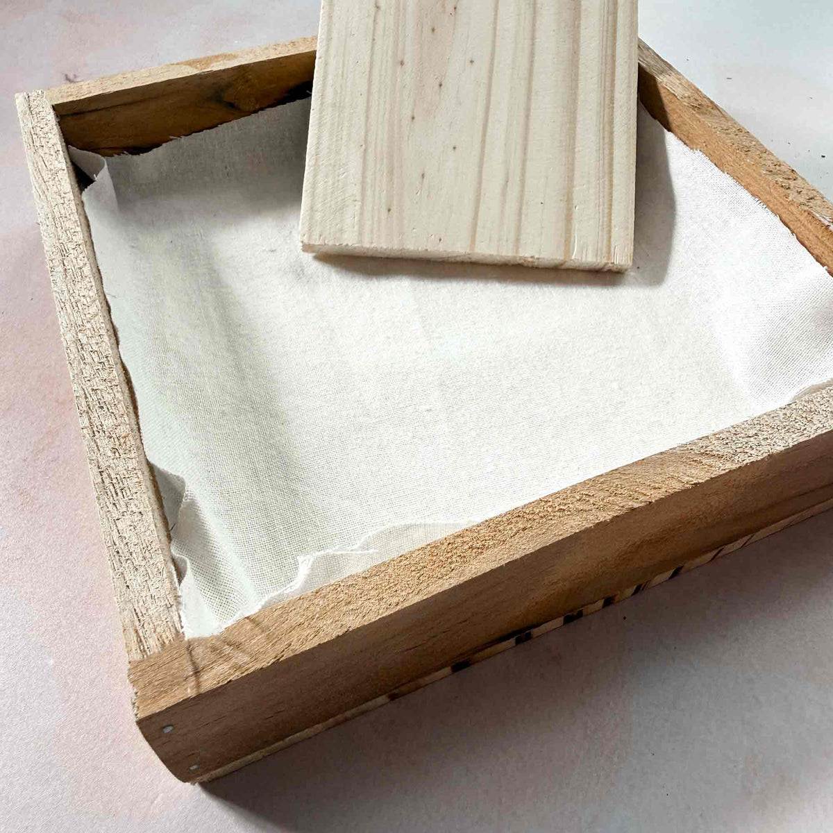 Handmade wooden inking tray for wood block stamping with cotton cloth insert and wooden ink spreader