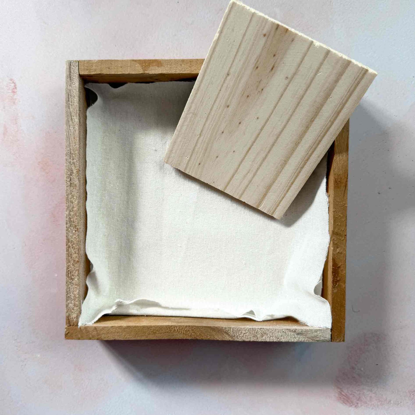 Wooden inking tray with cotton cloth and spreader for Indian wood block printing on fabric, paper and card
