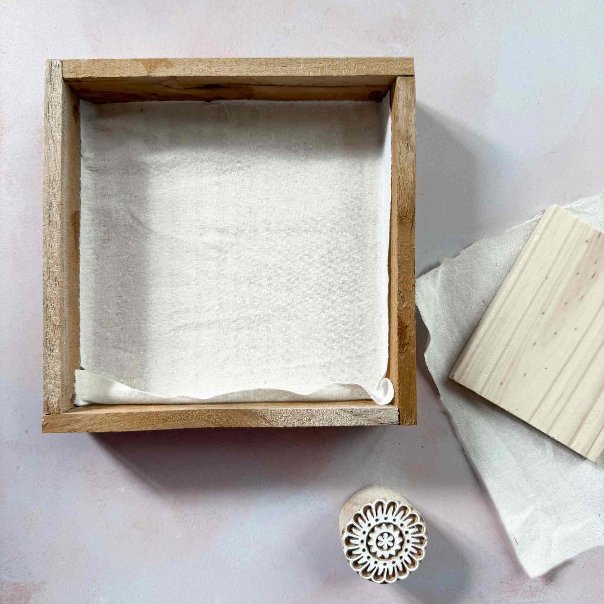 Handmade wooden paint and inking tray for wood block printing with 15cm x 15cm internal printing area