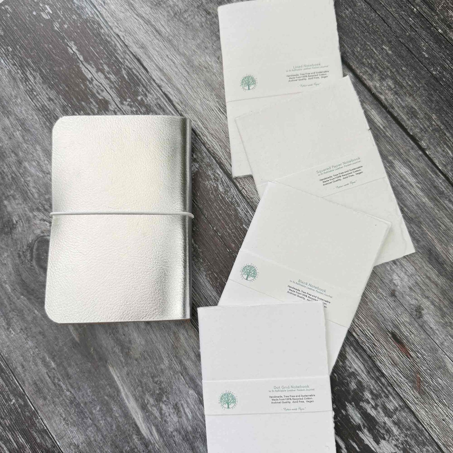 Refillable silver leather journal — extra inserts in blank, lined, square grid and dot grid