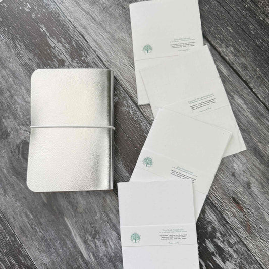 A6 refill inserts made from handmade cotton paper, hand‑stitched for leather journals