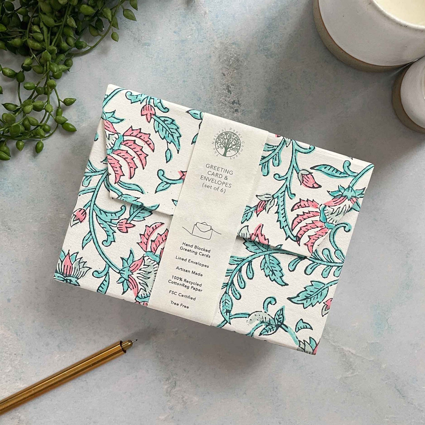 Boxed note card set by The Natural paper Company.  Hand Block Printed cards in a presentation box