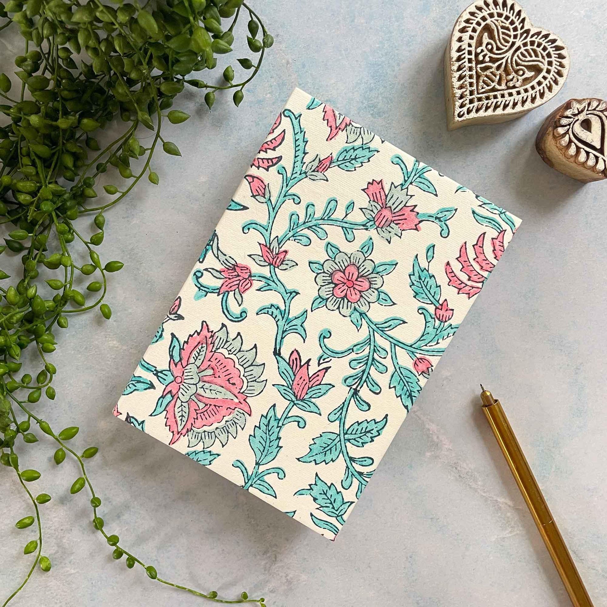 Block printed notebook made by hand. Made from Recycled Cotton rag Paper