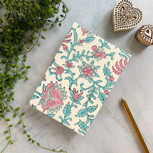 Block printed notebook made by hand.  Made from Recycled Cotton rag Paper