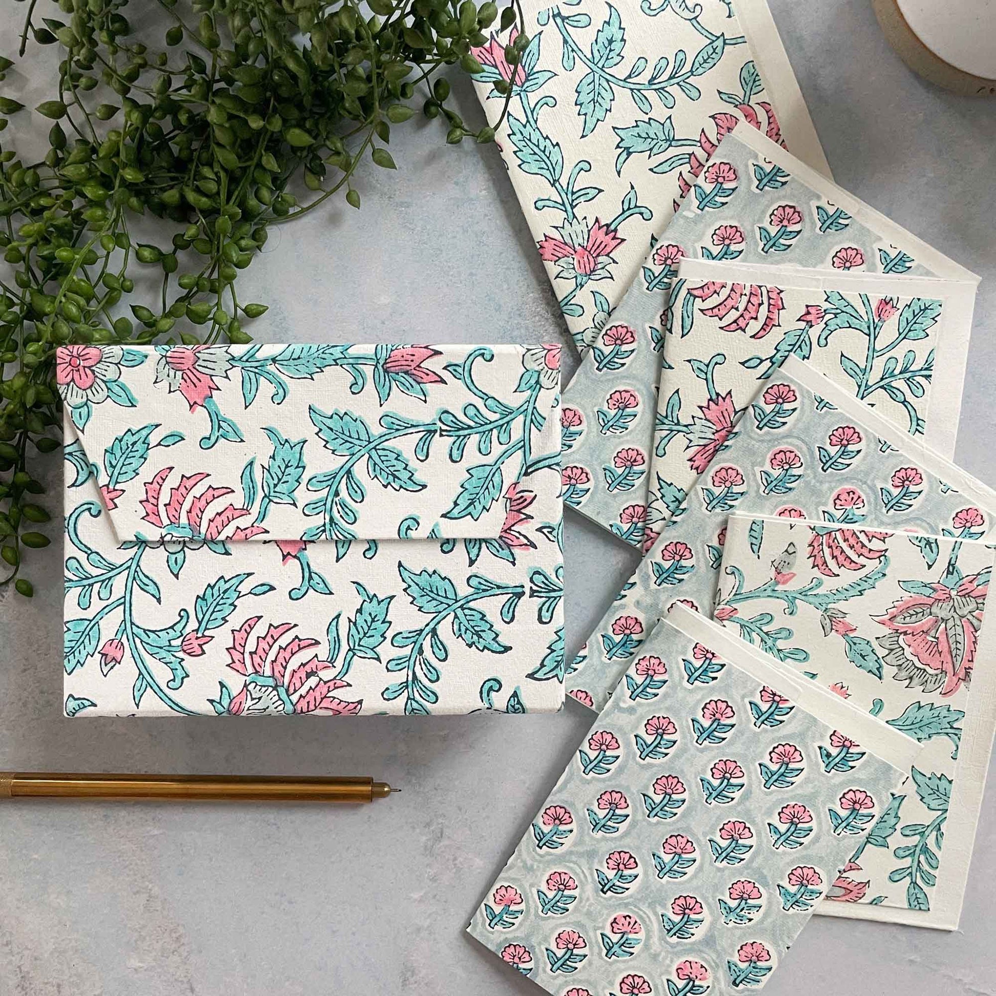 Harriet - note card and envelope set with block printed design.  Made by hand using recycled cotton rag paper and natural dyes