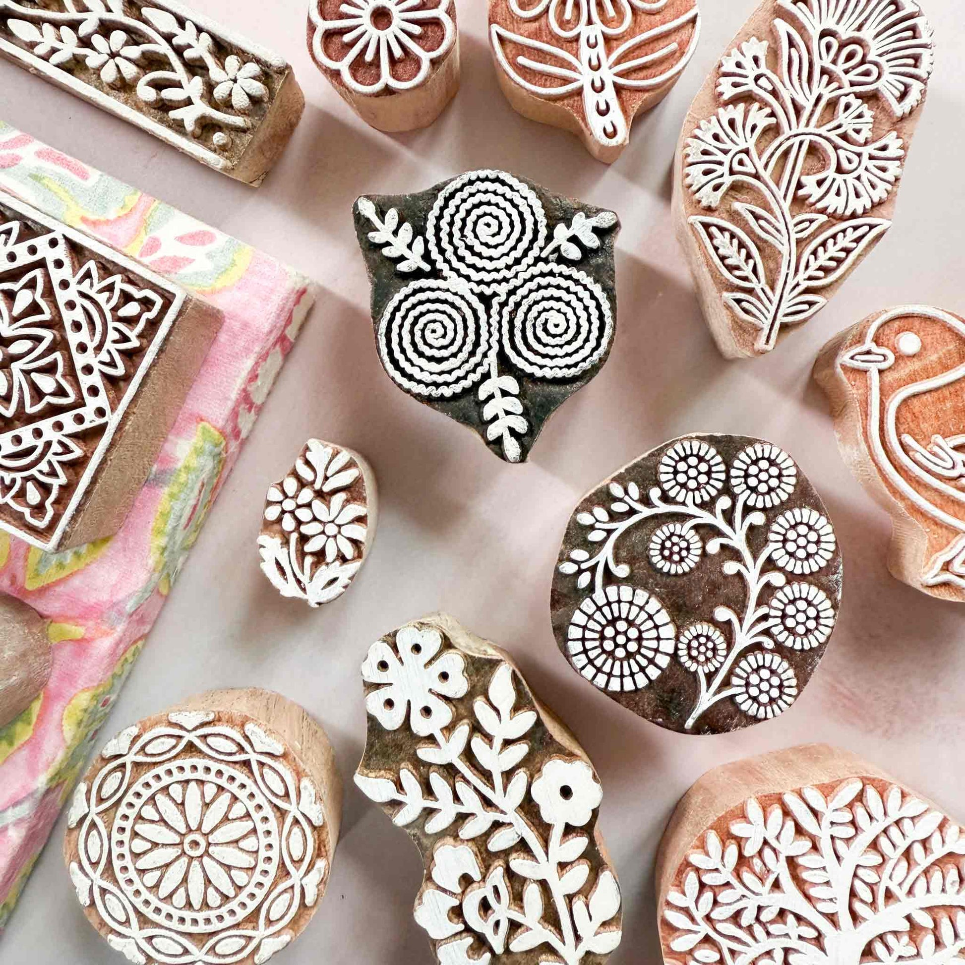 Collection of wooden stamps made in India