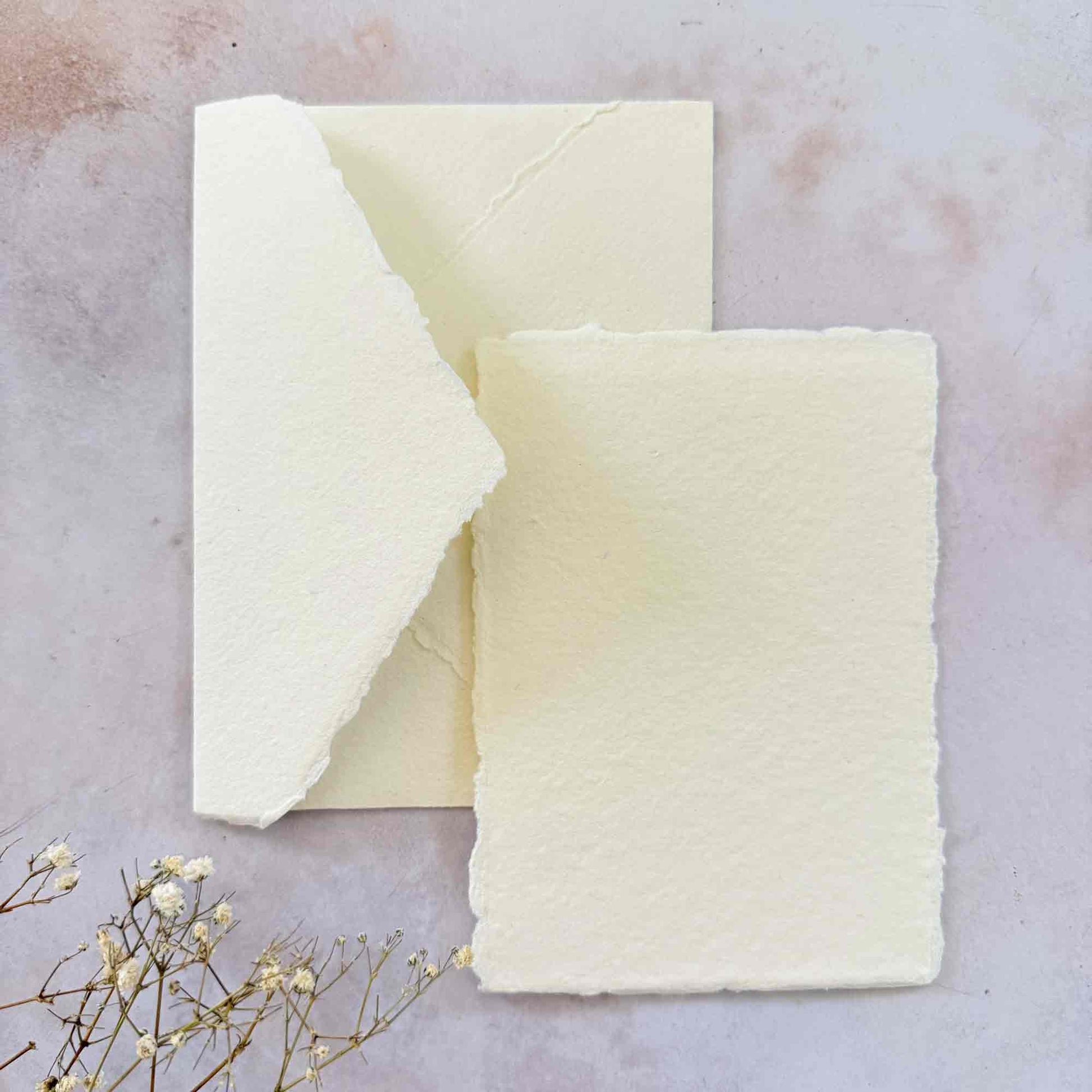 A6 Handmade cotton rag paper and envelope with deckled edges in Ivory colour