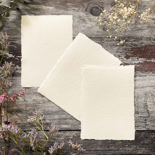 ivory handmade recycled cotton rag paper card.  Card made from recycled cotton rag fibres.  Perfect card for watrercolour painting.  Deckled Edges.  By The Natural Paper Company