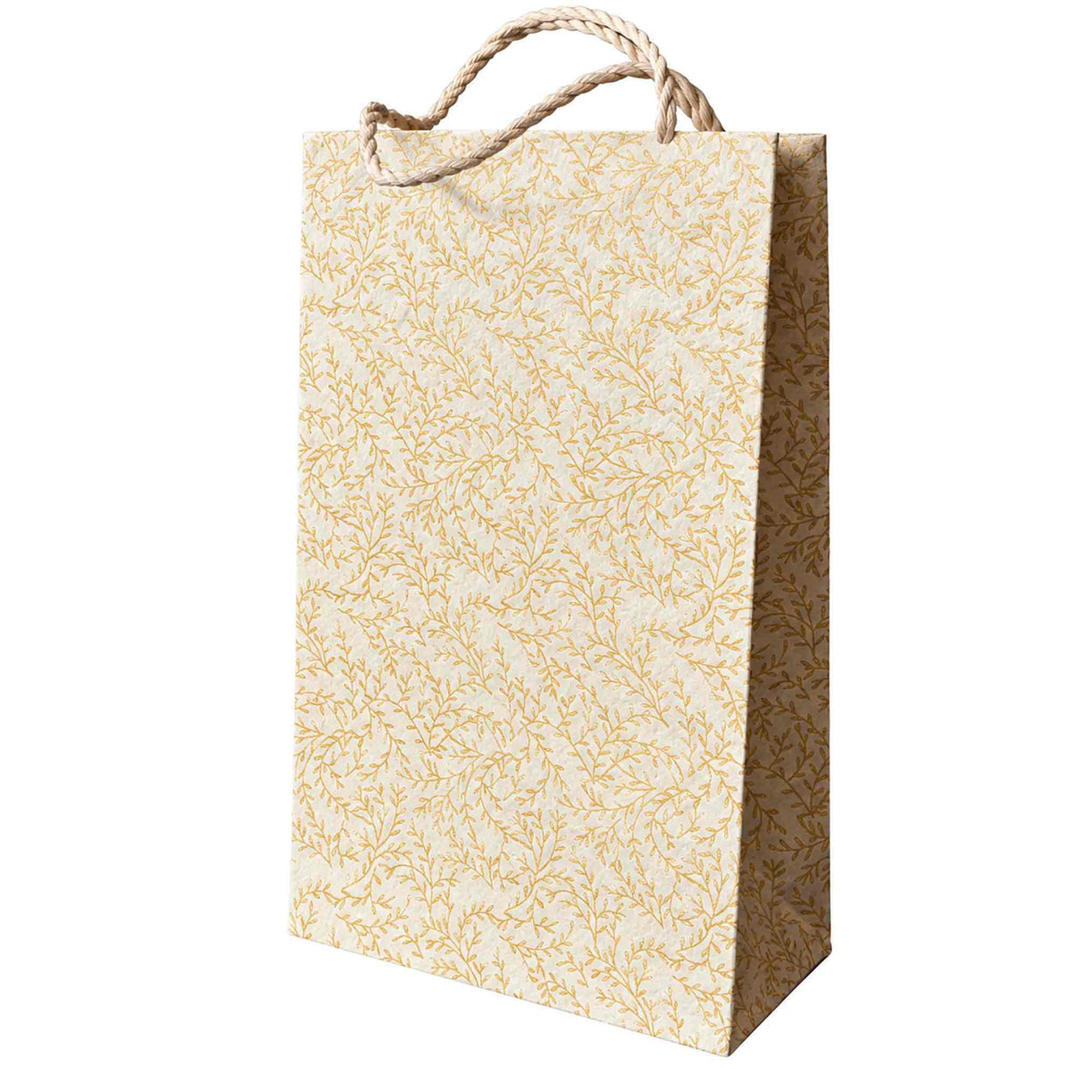 Large Golden Vine handmade Lokta paper gift bag featuring an intricate gold vine and leaf pattern on ivory paper.