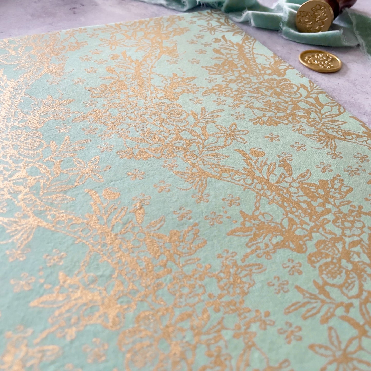 Recycled patterned paper in light green and gold.  Eco Friendly Decorative paper for crafts.  By The Natural Paper Company