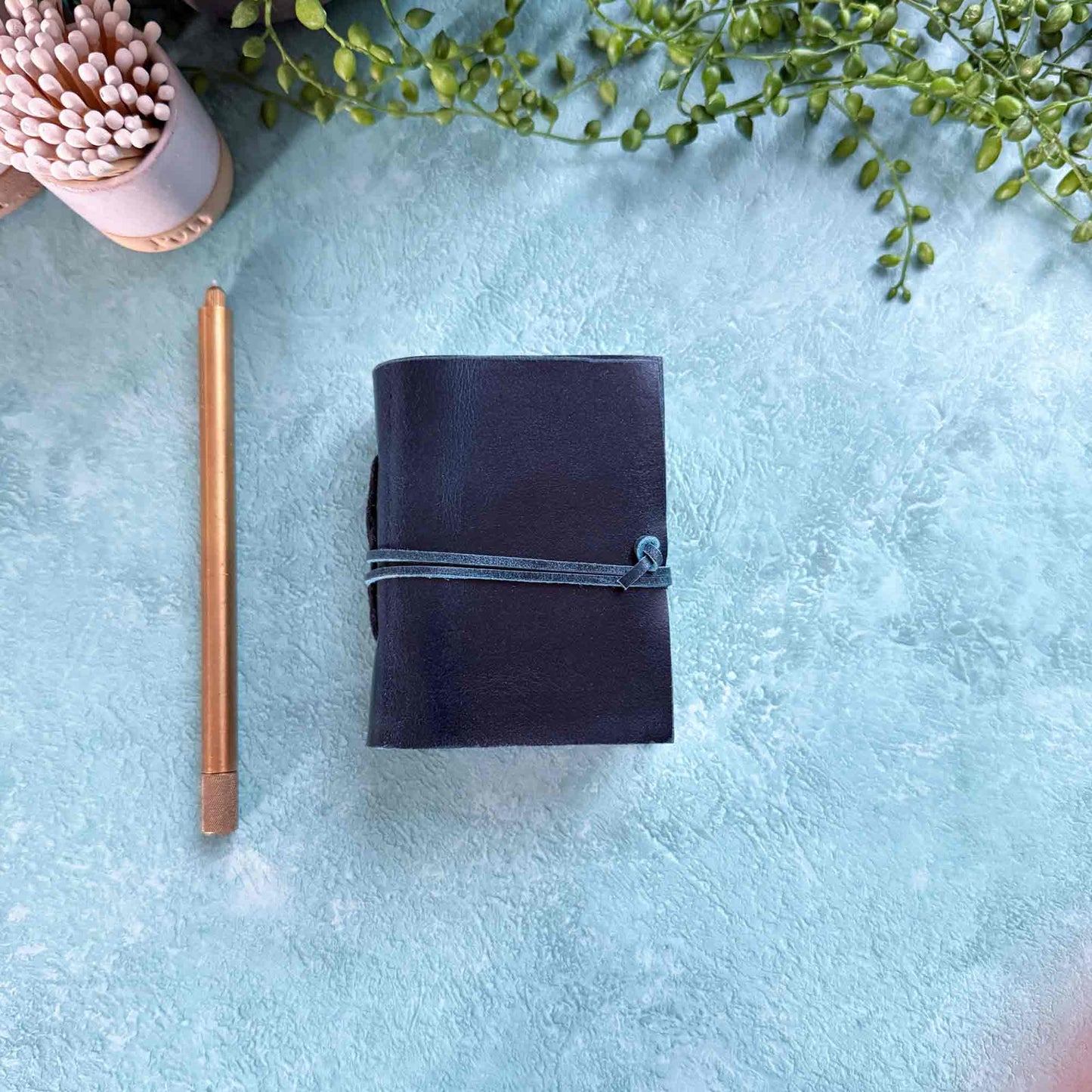 tiny handmade leather notebook in navy