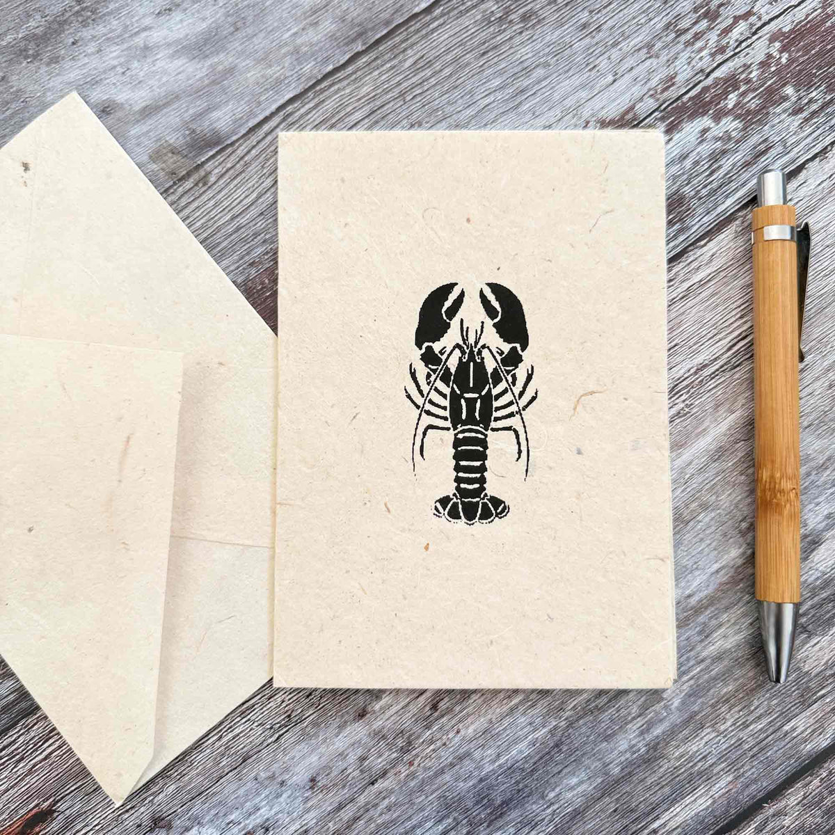 Lobster card and envelope set made from natural Lokta paper with black screen printed marine design