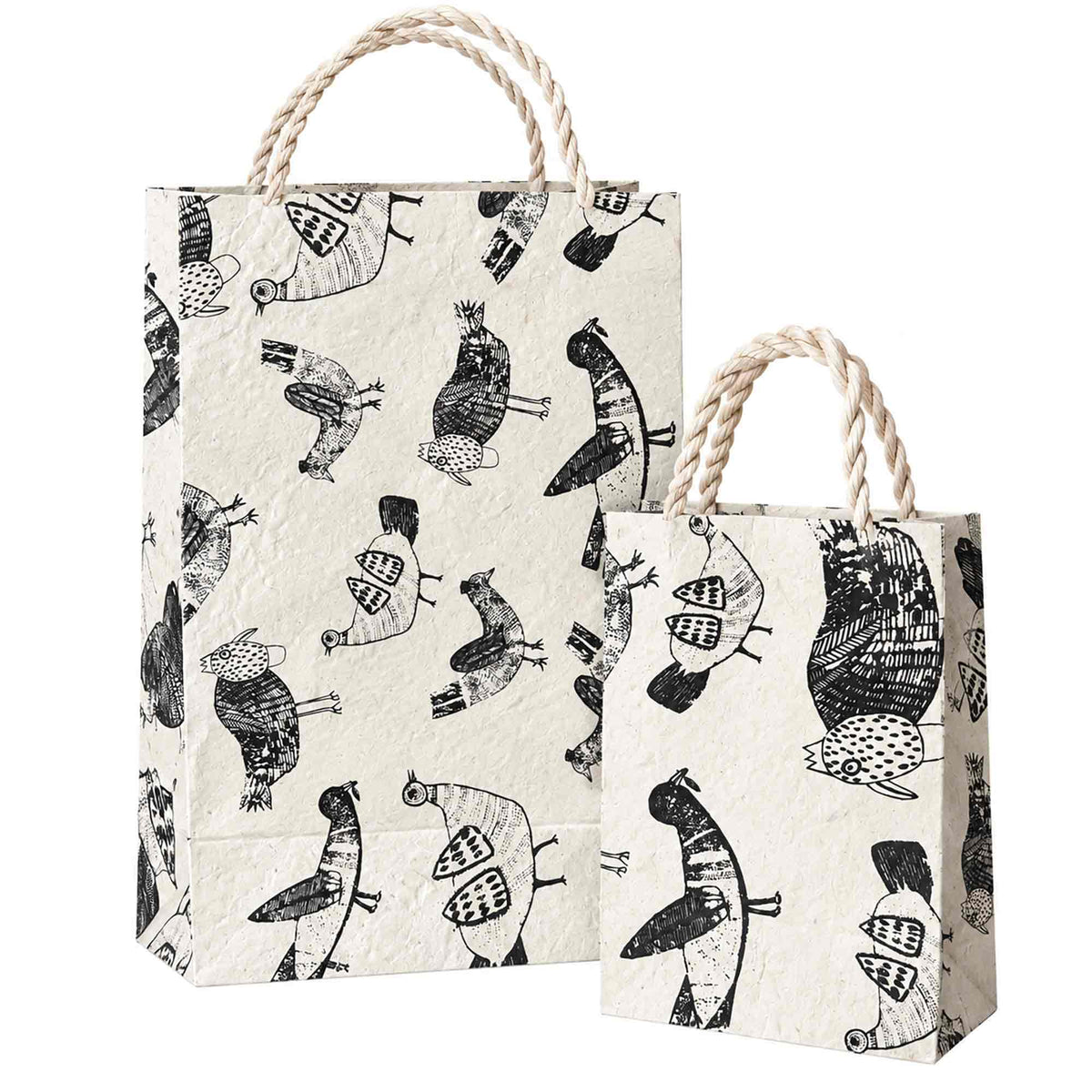 Henrietta handmade paper gift bags in small and large sizes with quirky black chicken prints and natural rope handles.