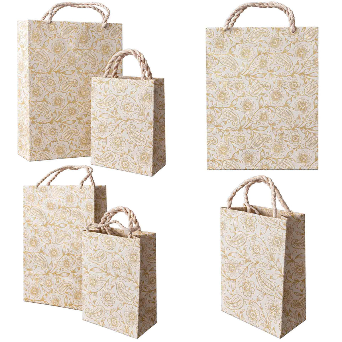 Auralia Nepalese Lokta paper gift bags showing two sizes and multiple views of the gold floral pattern.