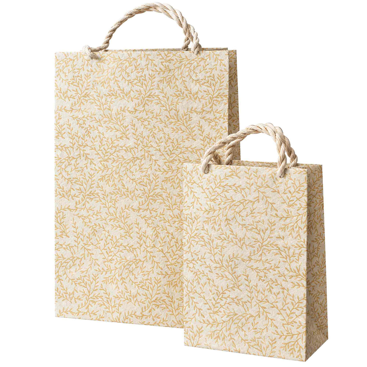 Small and large Golden Vine decorative paper gift bags with gold botanical designs and twisted rope handles.