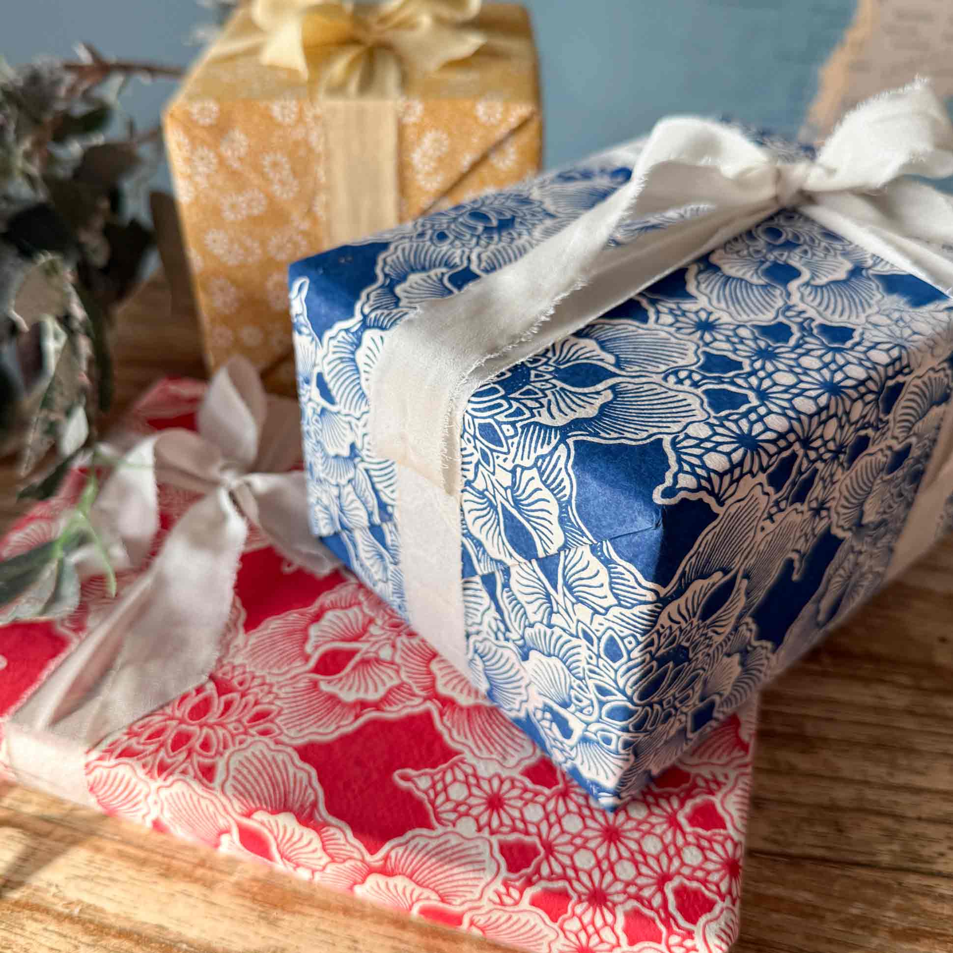 gift wrapped in handmade wrapping paper