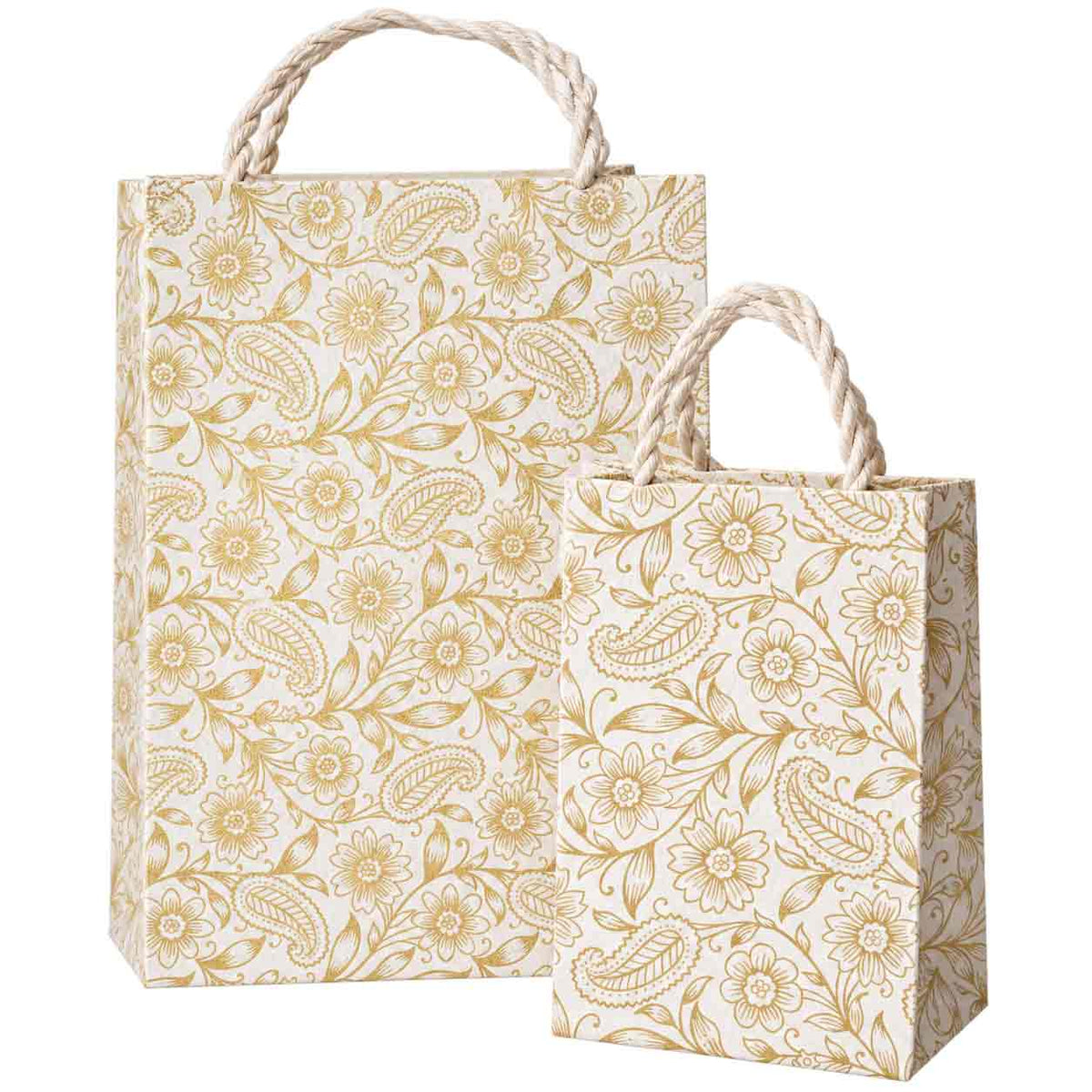 Large and small Auralia handmade paper gift bags with elegant gold paisley flowers on natural ivory paper.