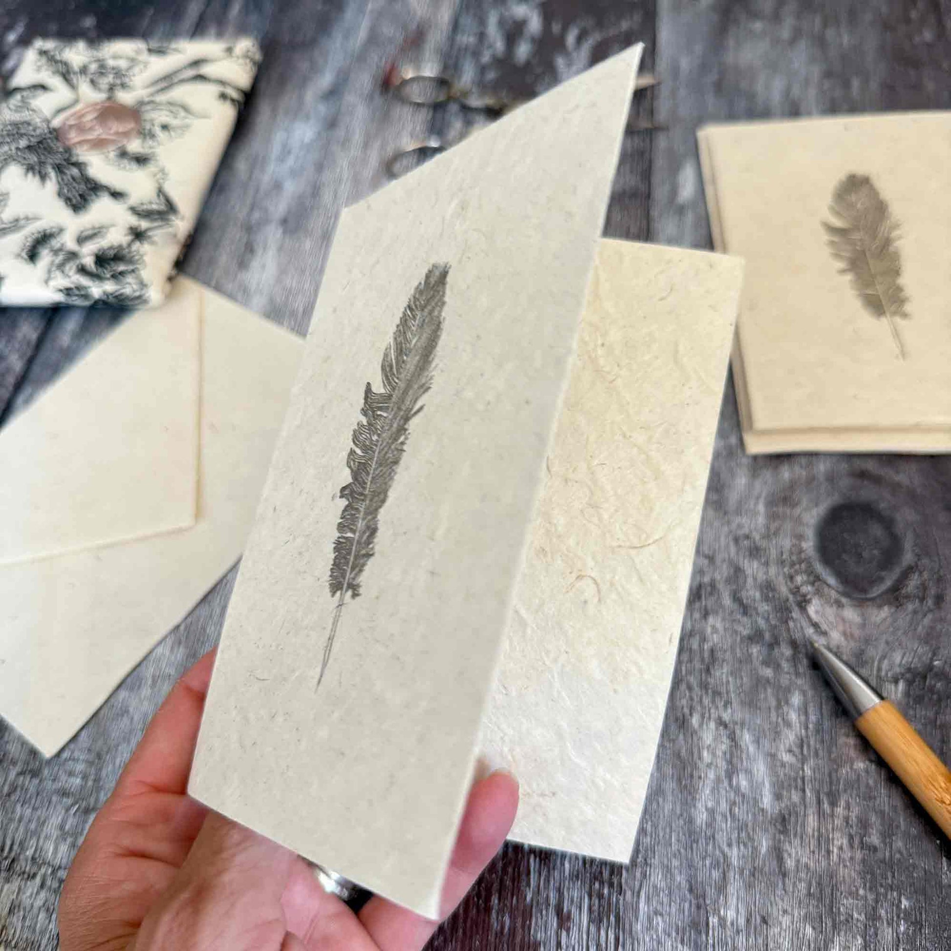 Folded Lokta paper notecard Plume feather design, blank inside, handcrafted eco stationery