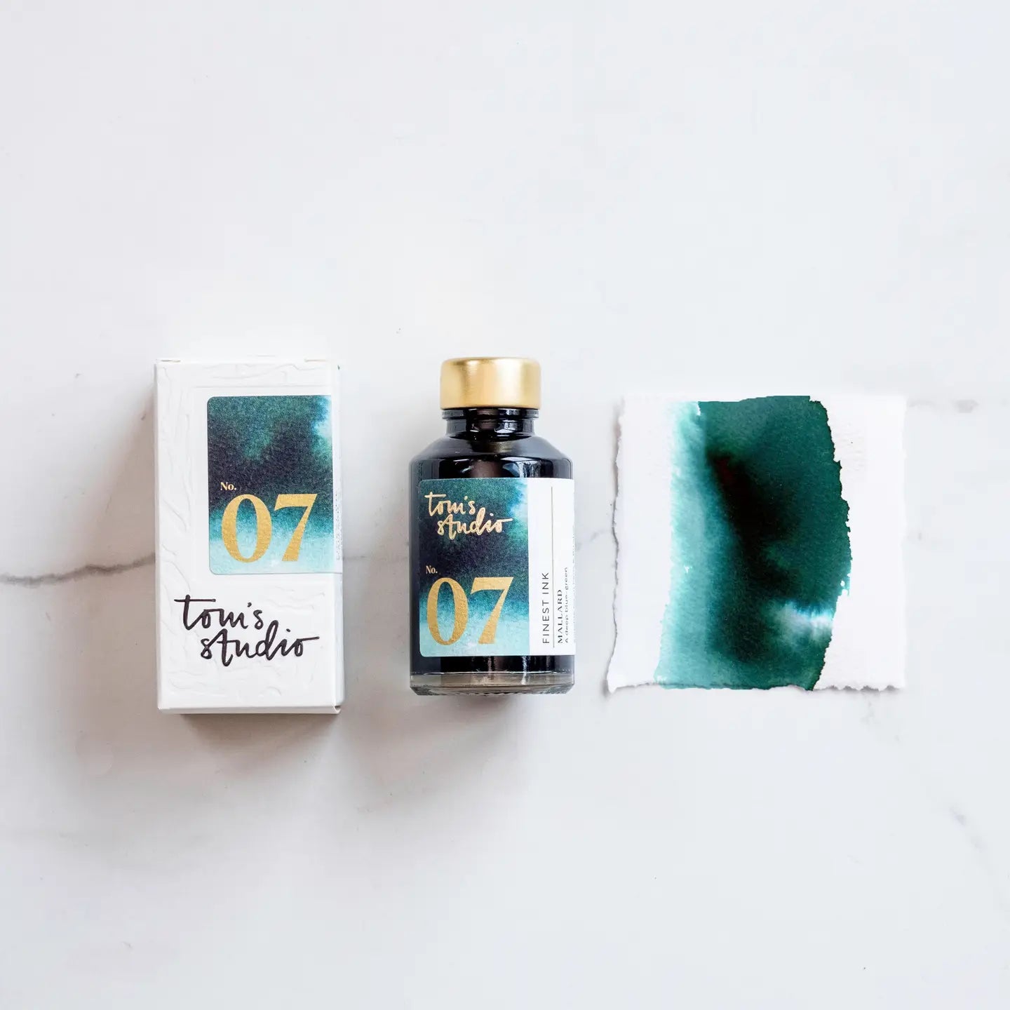 mallard calligraphy ink in blue green colour.  Water based fountain pen ink by tom's studio.  