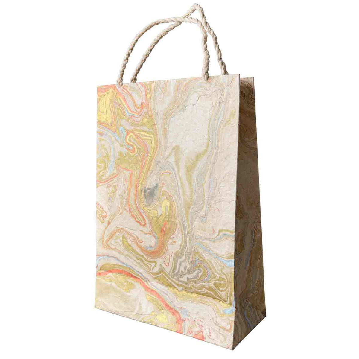 Large handmade Midas Marble Lokta paper gift bag featuring flowing pastel marble swirls and golden accents.