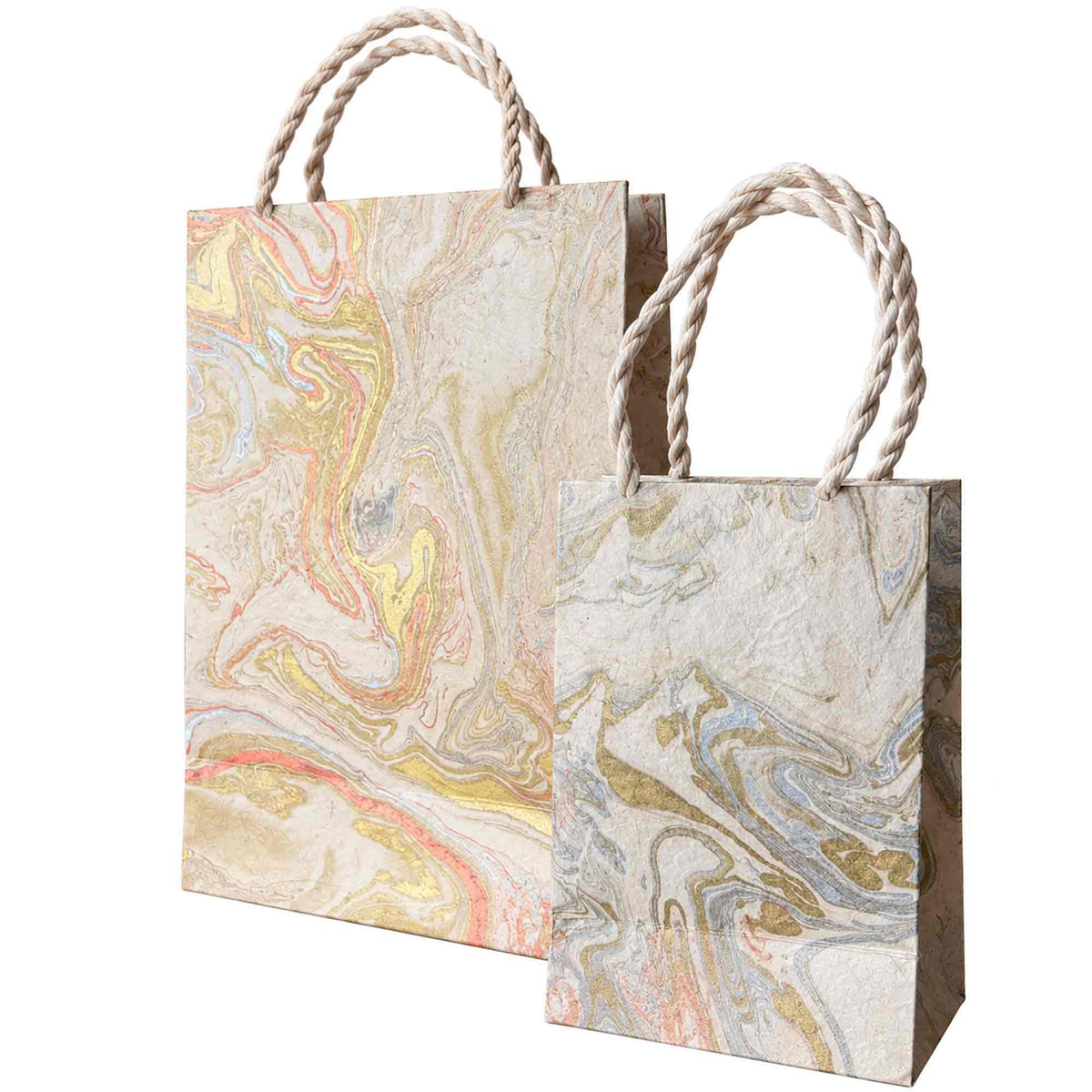 Small and large Midas Marble handmade paper gift bags with elegant gold and pastel marbling and twisted rope handles.