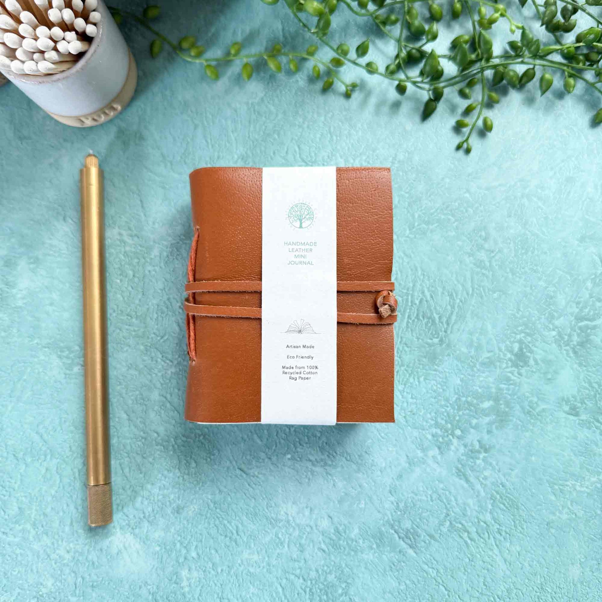 mini leather journal in tan