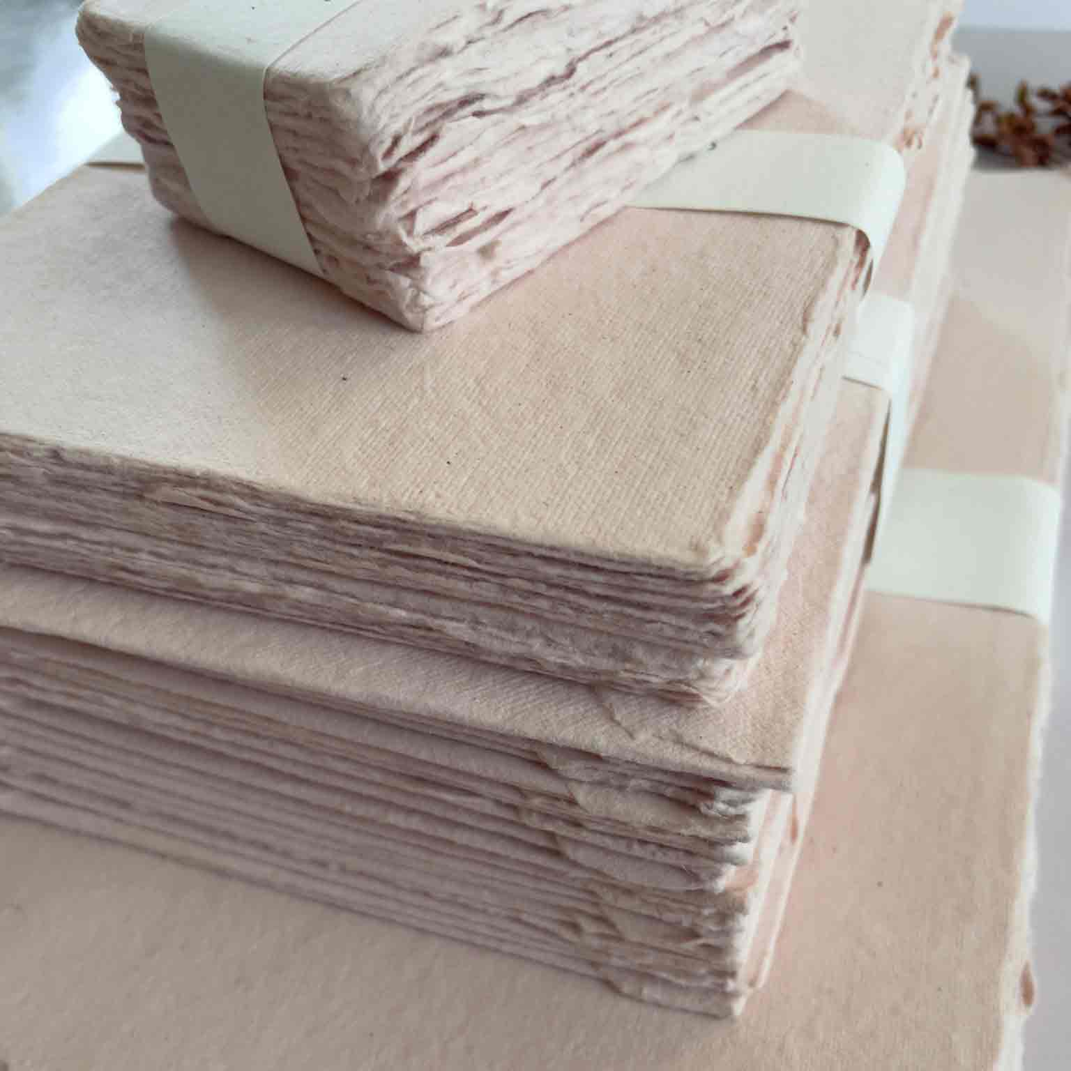 Blush Pink handmade cotton rag paper, card and envelopes.  Deckle edge paper in misty rose colour.  By The Natural Paper Company