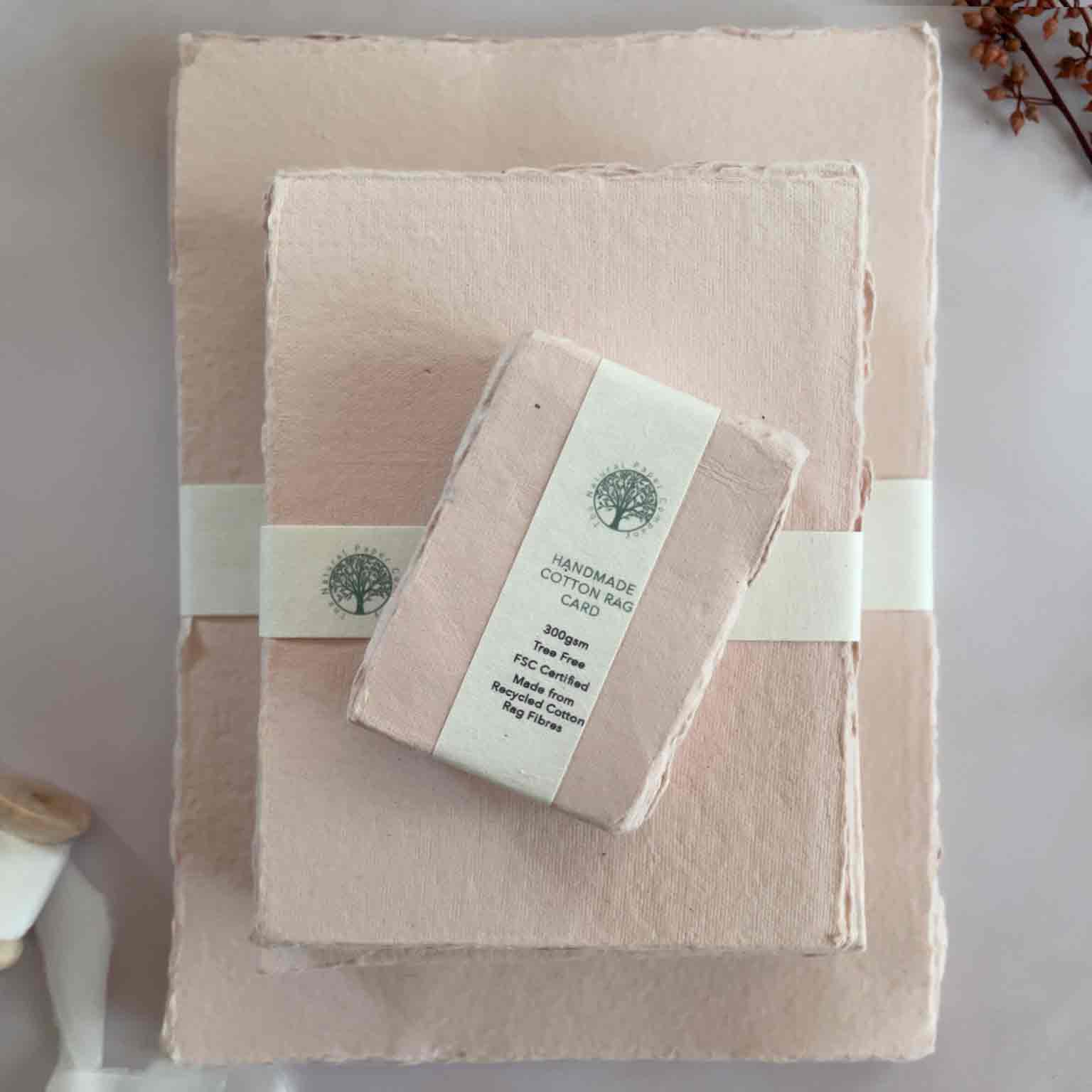 Misty Rose blush pink handmade paper, card and envelopes with deckled edges. Blush Pink Cotton Rag Paper by The Natural Paper Company