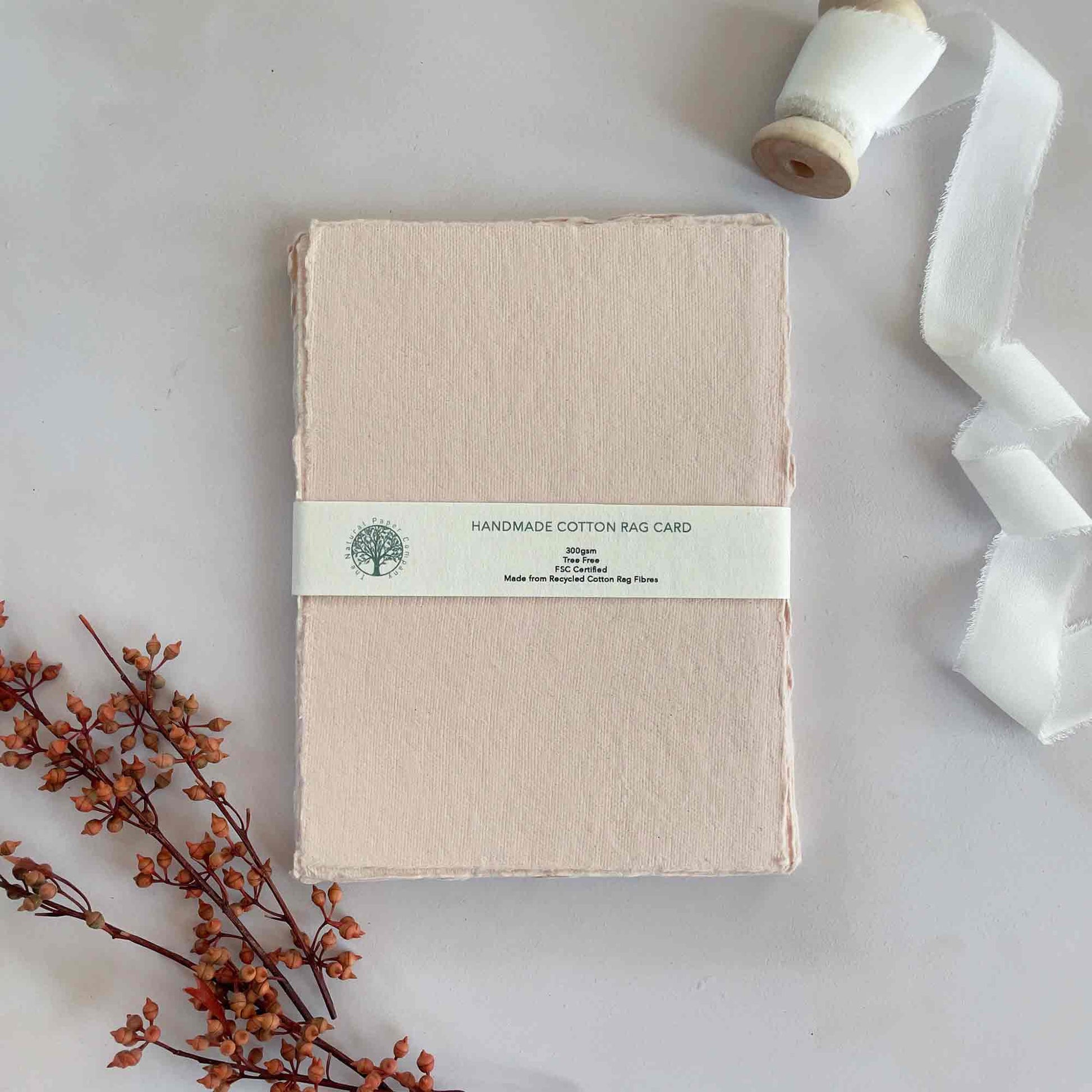 Misty Rose Handmade Cotton Rag Card.  Deckle edge card in blush pink colour.  By The Natural Paper Company