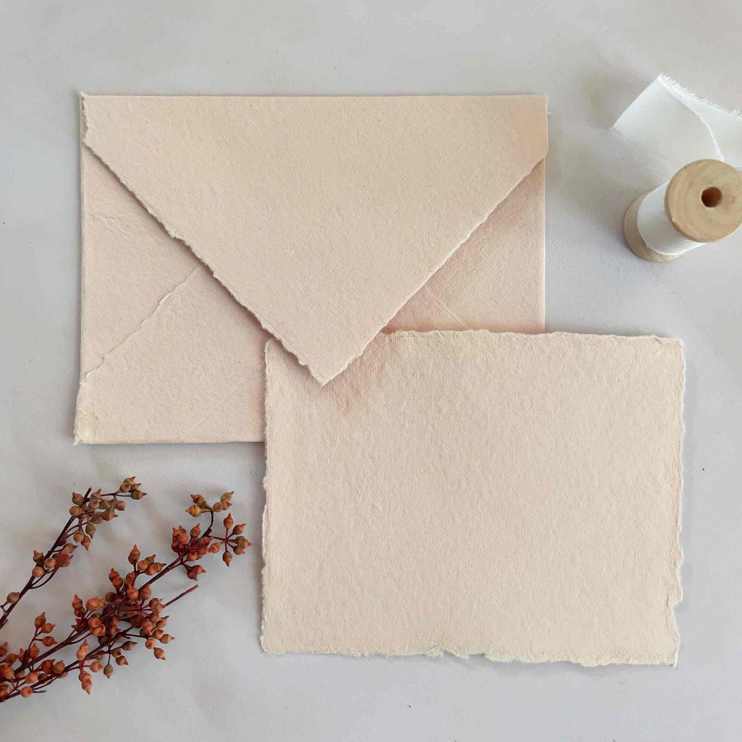 Handmade cotton rag card and envelope with deckled edges.   Blush pink handmade envelope and card