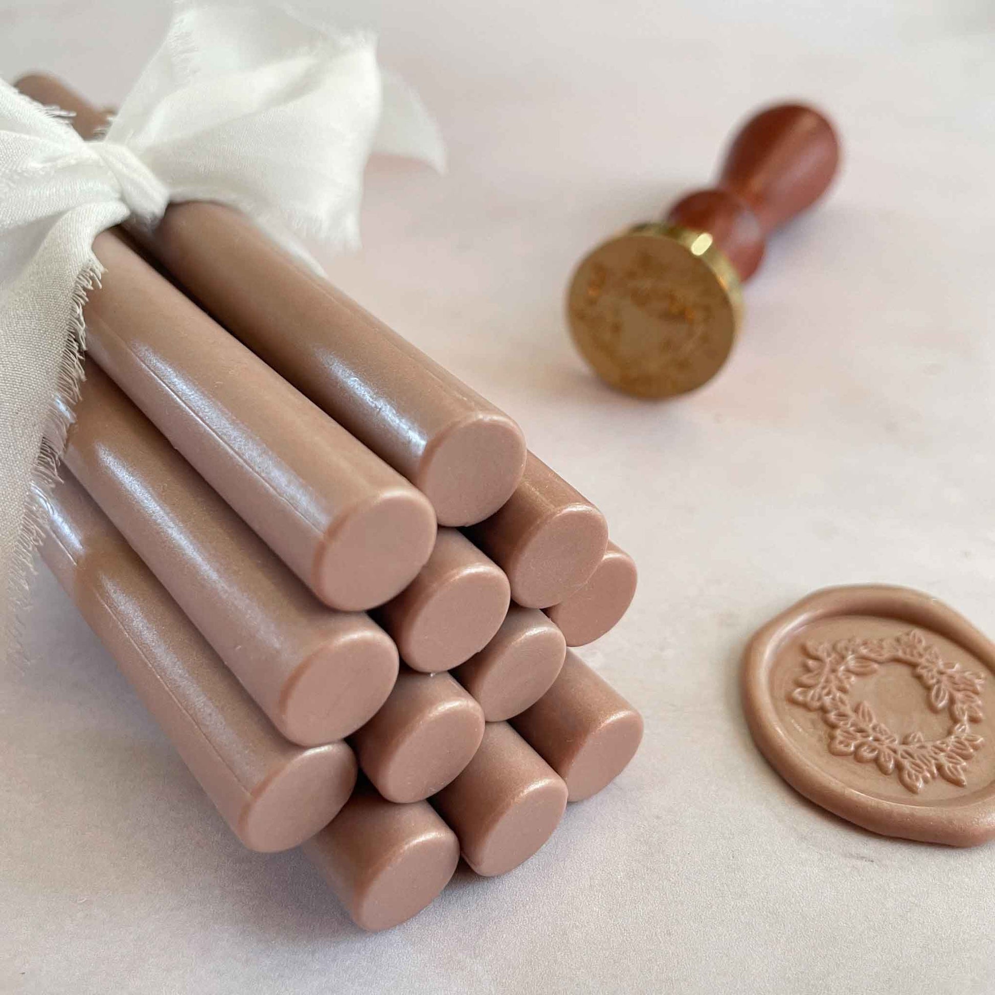 Mocha mousse colour sealing wax sticks.  Eco friendly wax for wax seals.  Minky Brown Colour 