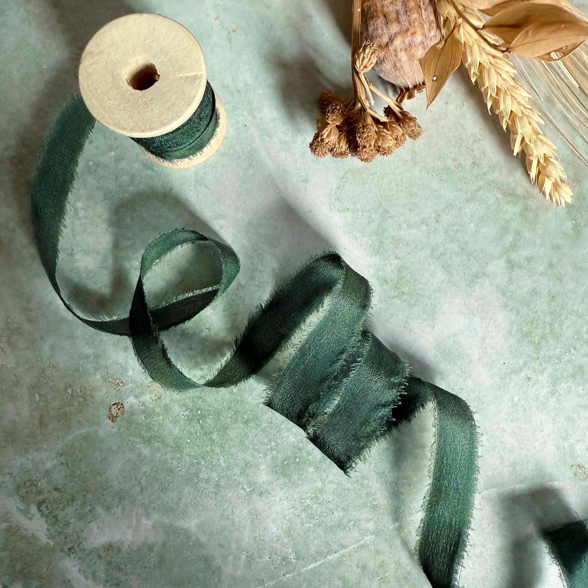 Forest Green Silk Ribbon with Frayed edges