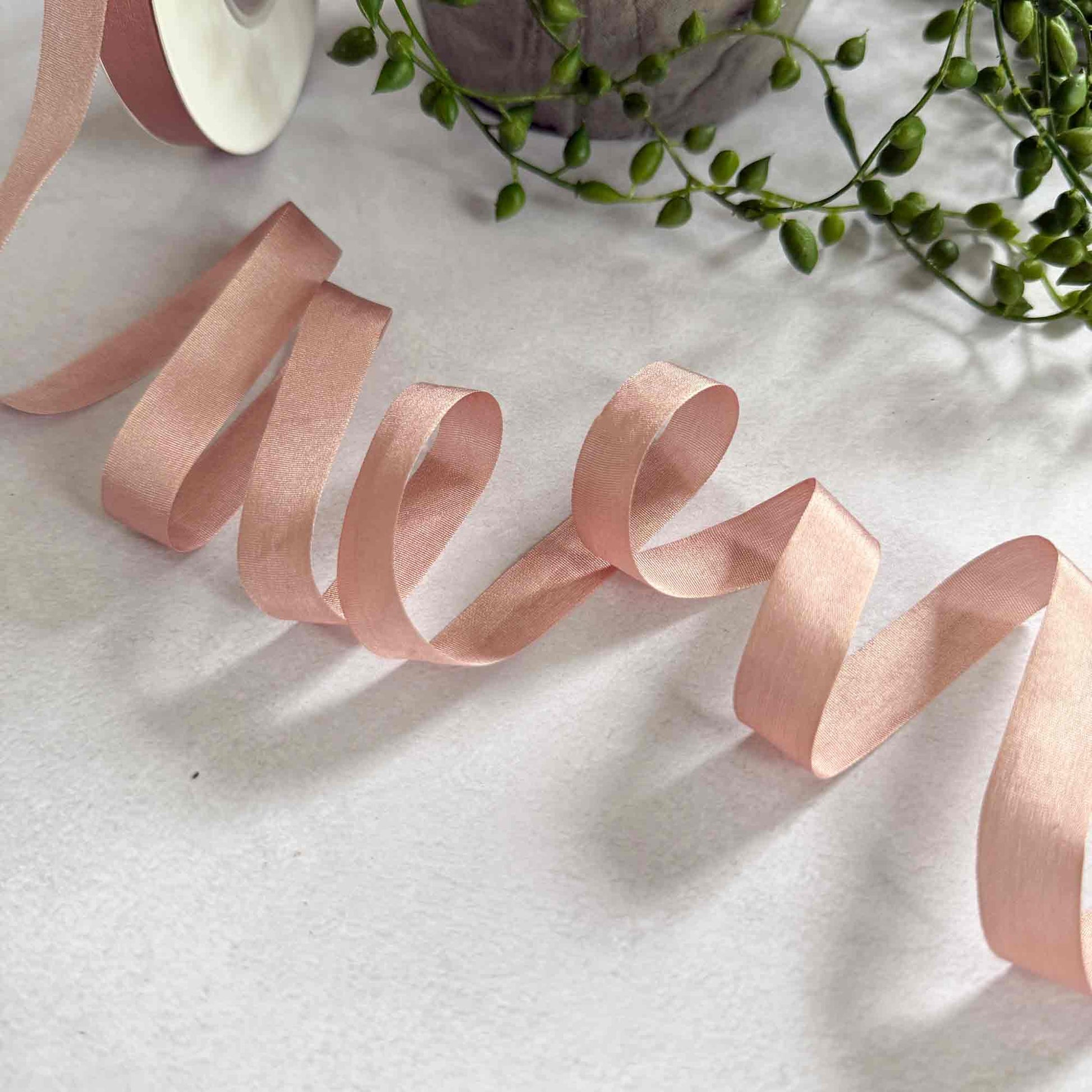 nude blush pink silk ribbon.  Narrow silk for decorating wedding invitations and tags